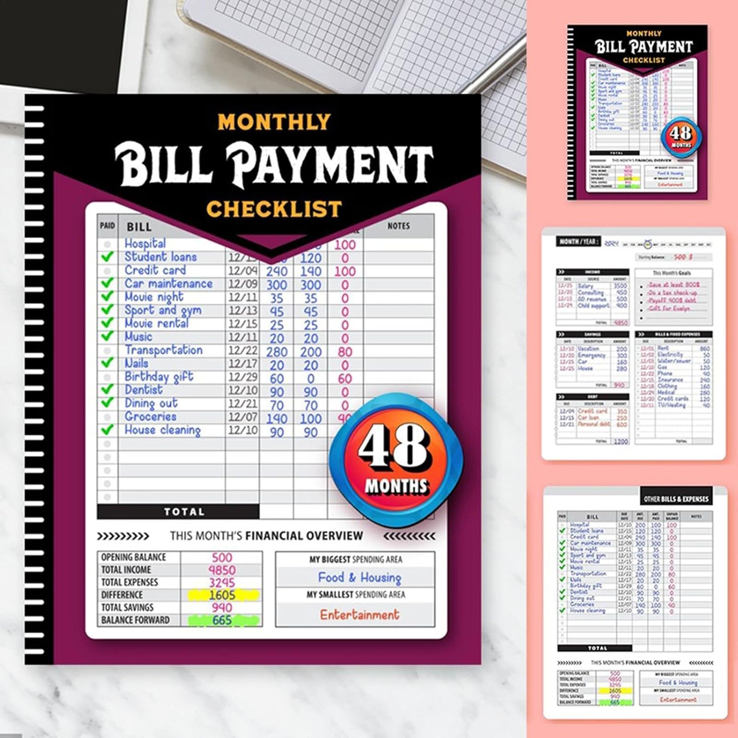 Monthly Bill Payment Checklist: Expense & Bill Tracker,Bill Payment Management Notebook,Bill Payment Organizer Log Book for Budgeting Financial,Simple Billing Records Book,4 Years Guide & 960 Records - Image 7
