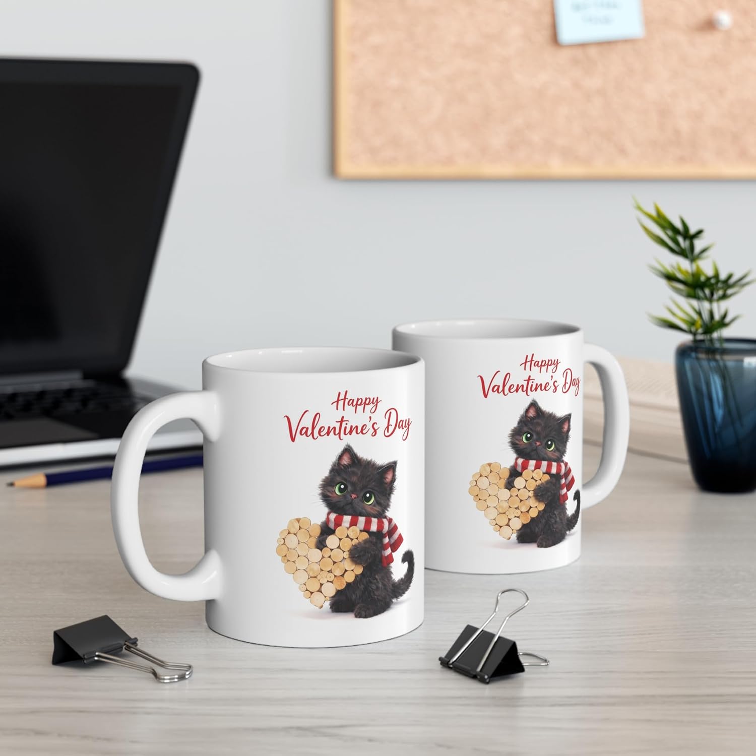Happy Valentine's Day Mug,Cute Black Cat with Wooden Heart Design,Romantic Gift for Cat Lovers - Image 3
