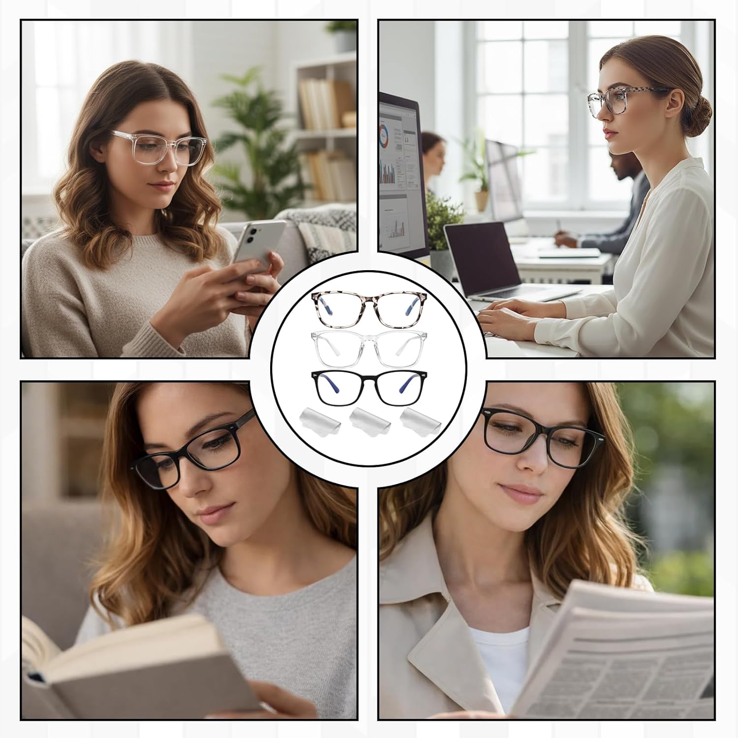 6PCS Blue Light Glasses Set, Fake Glasses, Blue Light Glasses Womens And Mens, With Cleaning Cloths, Fashionable Accessories For Computer Games, Office Work, Screen Use And Daily Outfits - Image 7