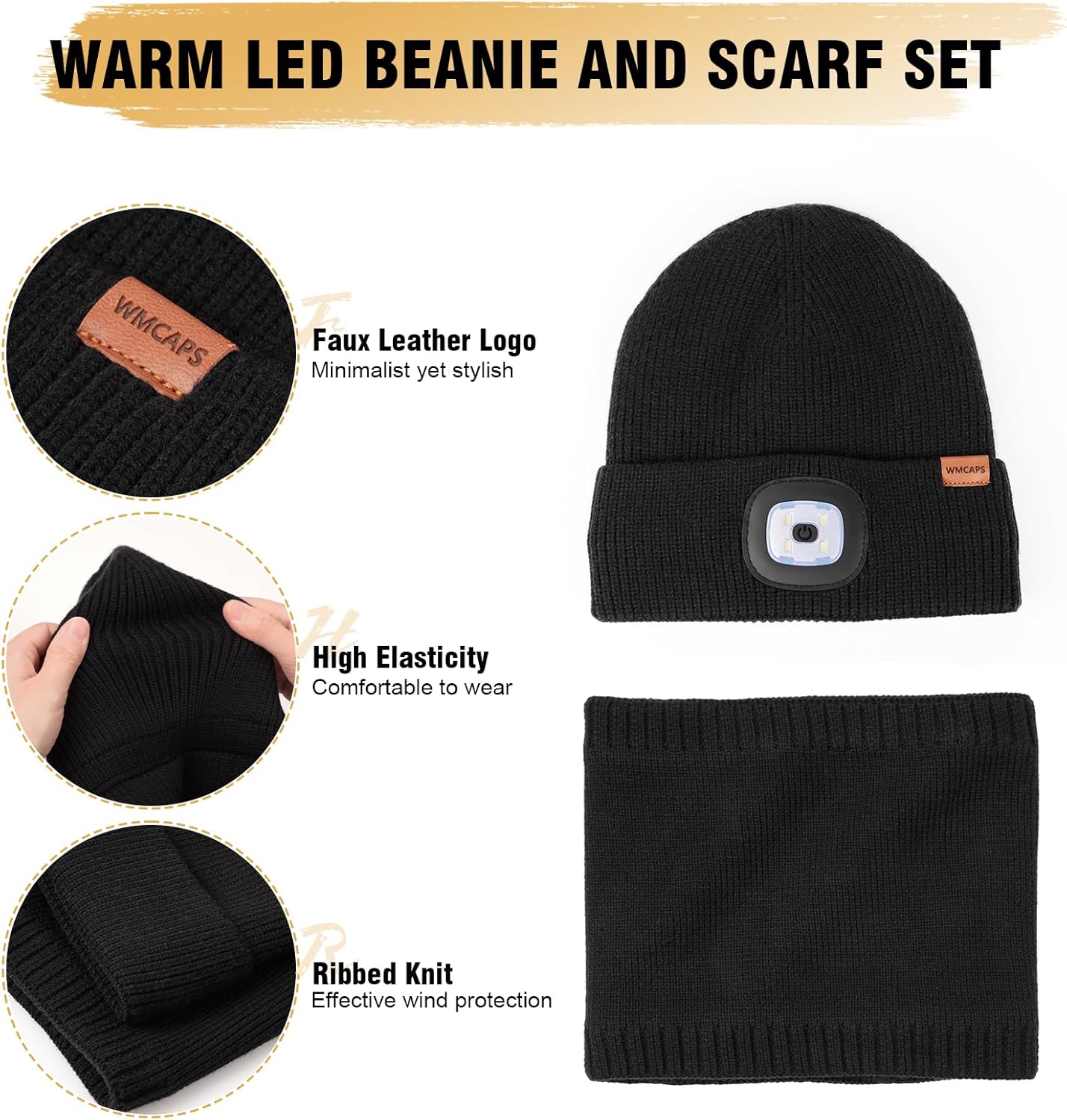 Wmcaps LED Lighted Beanie and Scarf Set with Thick Warm Lining, Soft and Cozy Winter Hat with a Light Built in, Rechargeable USB-C Running Head Torch Hat, Gifts for Men and Women - Image 3