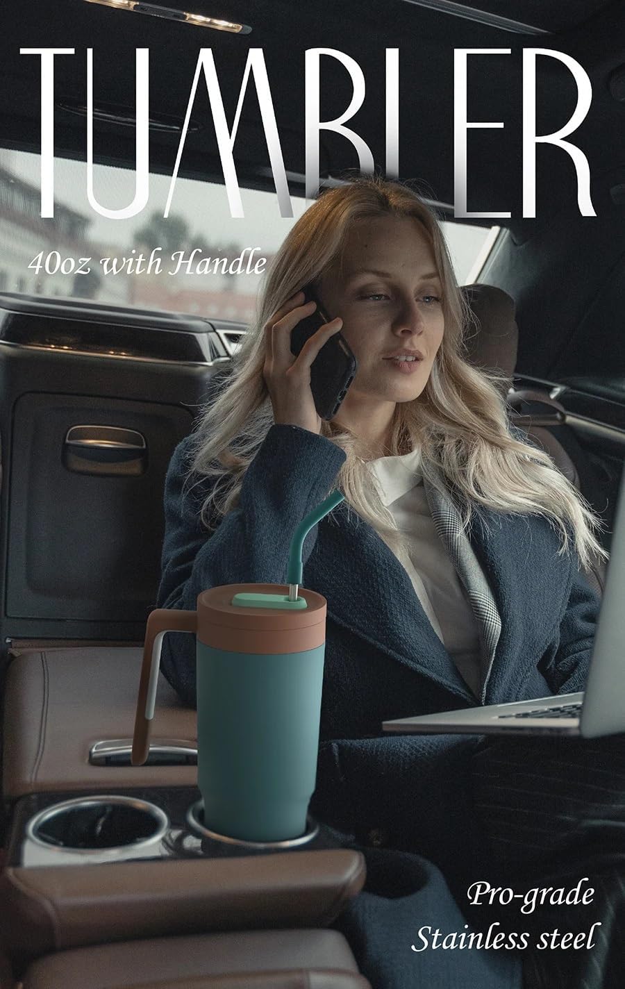 40oz Tumbler with Straw, Lid and Handle,1200ml Travel Mug with Handle, Water Bottle Thermos for Hot and Cold Coffee, Leak Proof Insulated Stanleys Cup (Teal) - Image 2