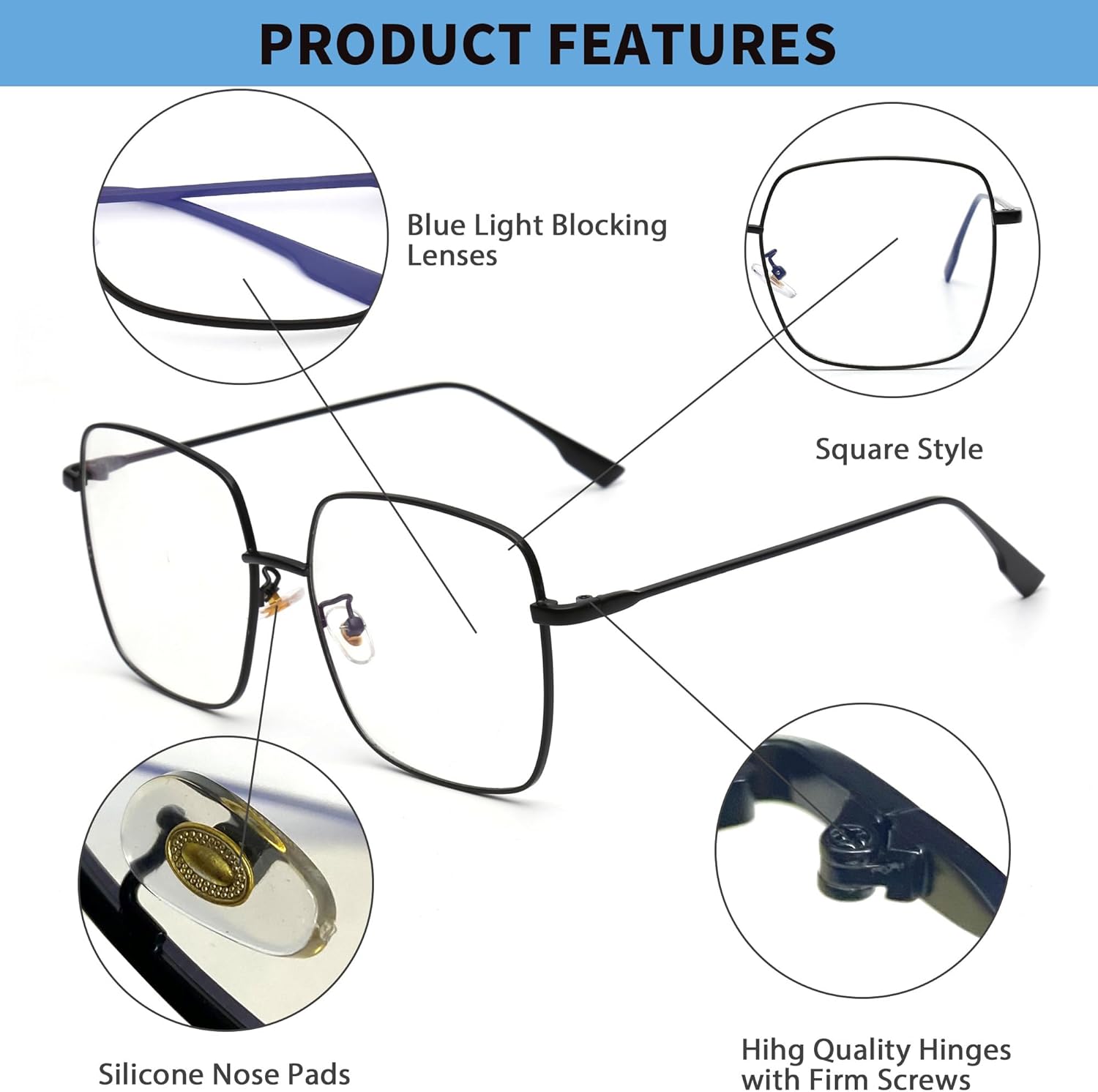 JM Blue Light Blocking Gaming Glasses Square UV400 Protection Metal Optical Computer Eyeglasses Anti Glare Eye Strain Men Women - Image 3