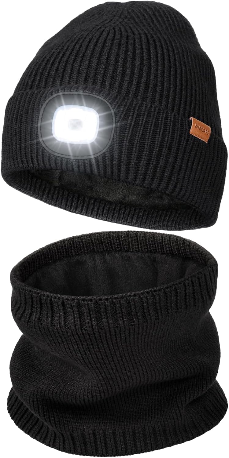 Wmcaps LED Lighted Beanie and Scarf Set with Thick Warm Lining, Soft and Cozy Winter Hat with a Light Built in, Rechargeable USB-C Running Head Torch Hat, Gifts for Men and Women