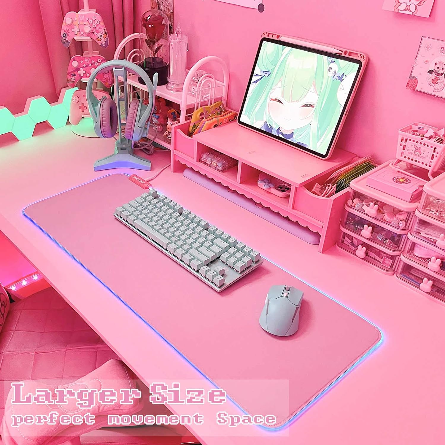 JMIYAV Pink RGB Gaming Mouse Pad PC XL Large Extended Glowing Led Light Up Desk Pad Mouse Mat Non-Slip Rubber Base Computer Big Cute Mousepad Mat Optimized for Gamer 80 * 30cm - Image 2