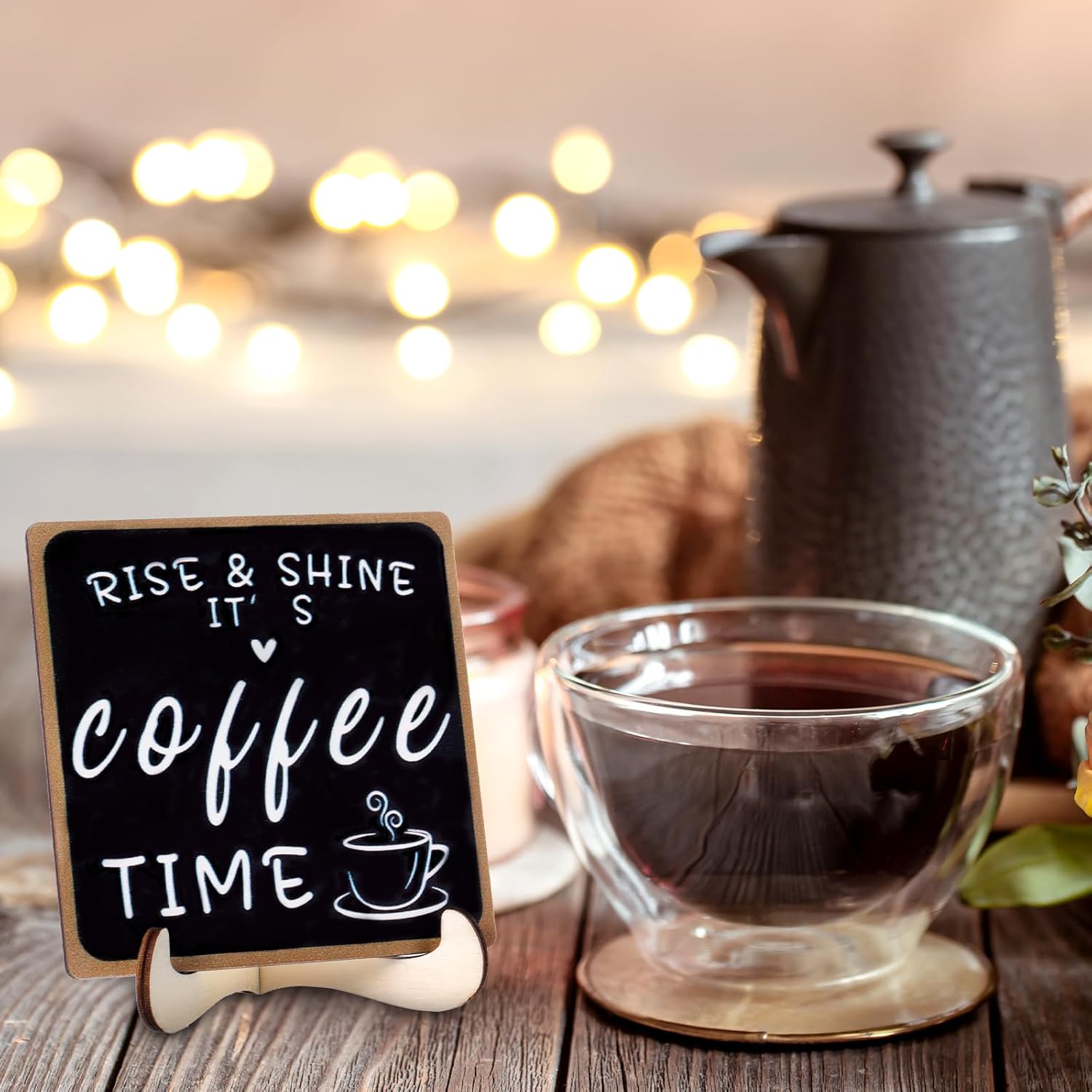 Funny Coffee Sign Wooden Desk Decorations Rise & Shine It's Coffee TimeBar Tabletop Shelf Plaque Accessories with Iron Stand for Women Men Home Farmhouse Kitchen Office - Image 6