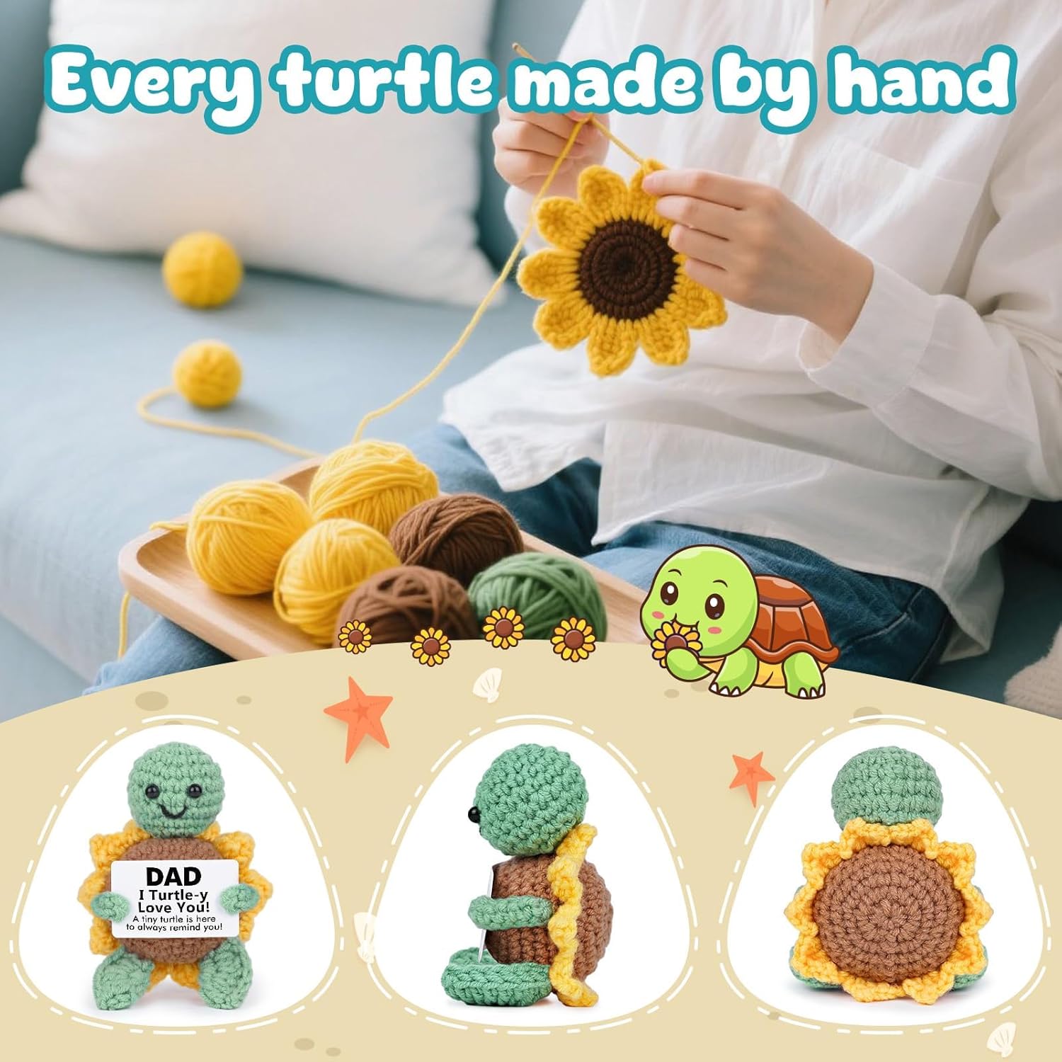 Gifts for Dad, Dad Birthday Gift - Positive Handmade Crochet Sunflower Turtle Decor - Presents for Dad's birthday, Christmas, Fathers Day - 2.8x2x3.9 inches - Image 3