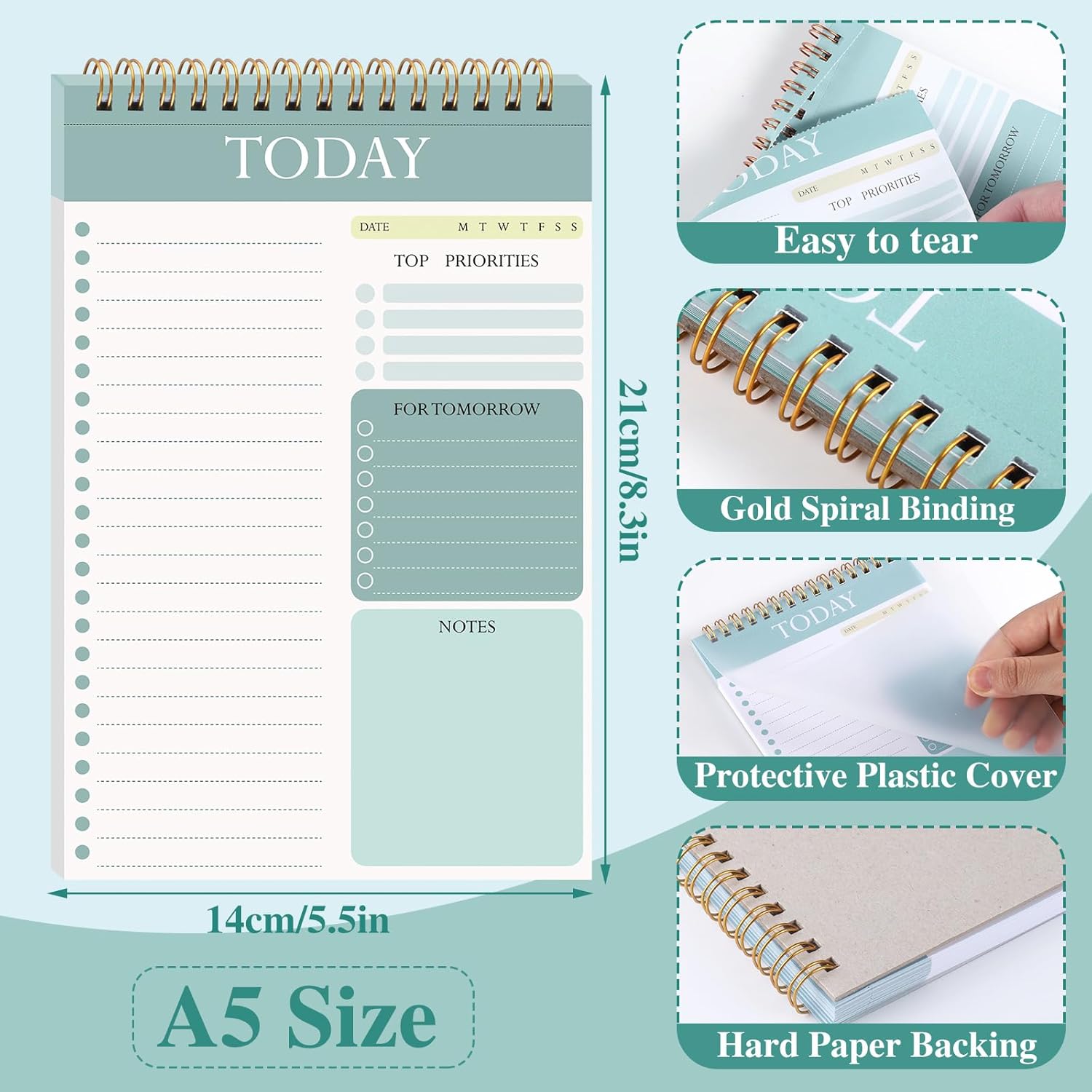 2 Pack To Do List Notepad, Undated Daily Planner A5 Spiral 104 Page To Do List Pad with Hourly Schedule Checklist for Work Study and Personal Oraganizer - Image 2