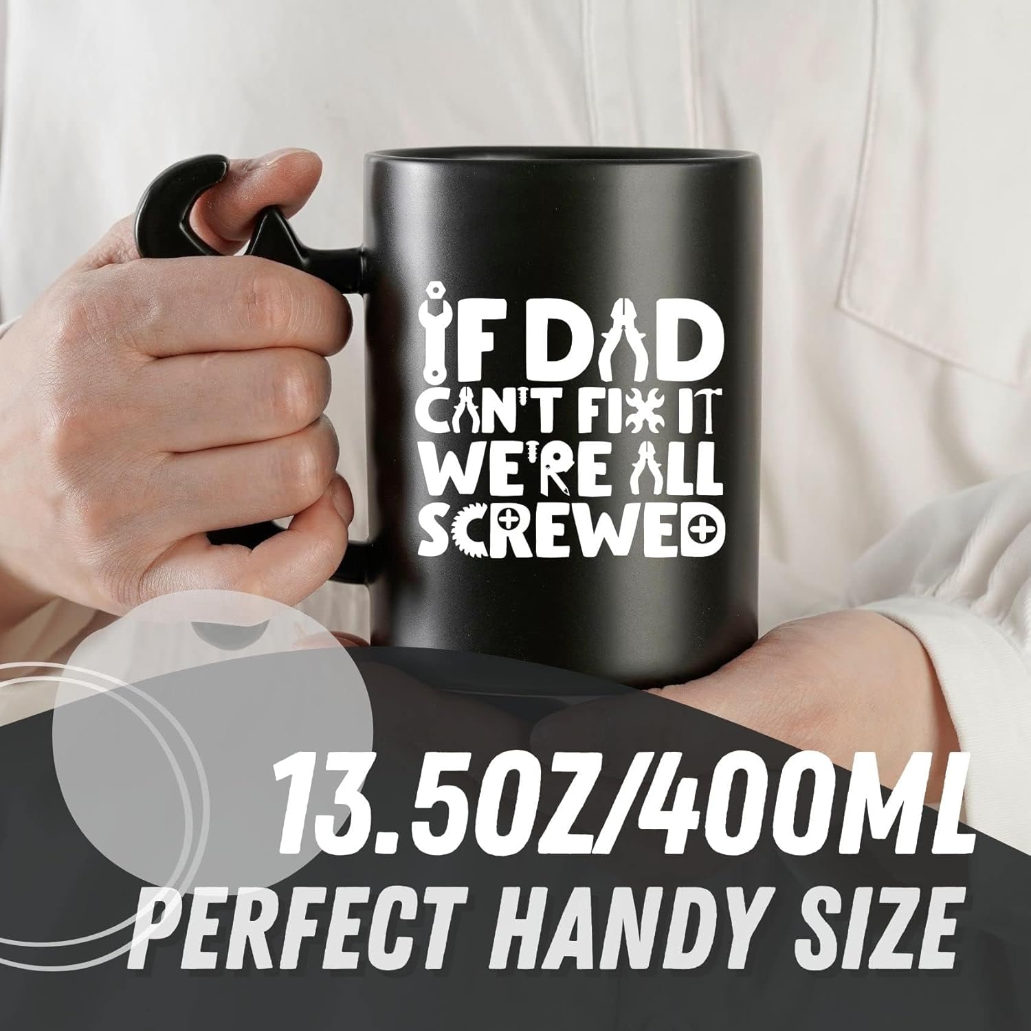 Onebttl Dad Gifts from Daughter and Son, Coffee Mug with Wrench Spanner Handle, 400ml Funny Ceramic Cup for Father on Birthday, Father's Day, Christmas - If Dad Can't Fix We are All Screwed - Image 4