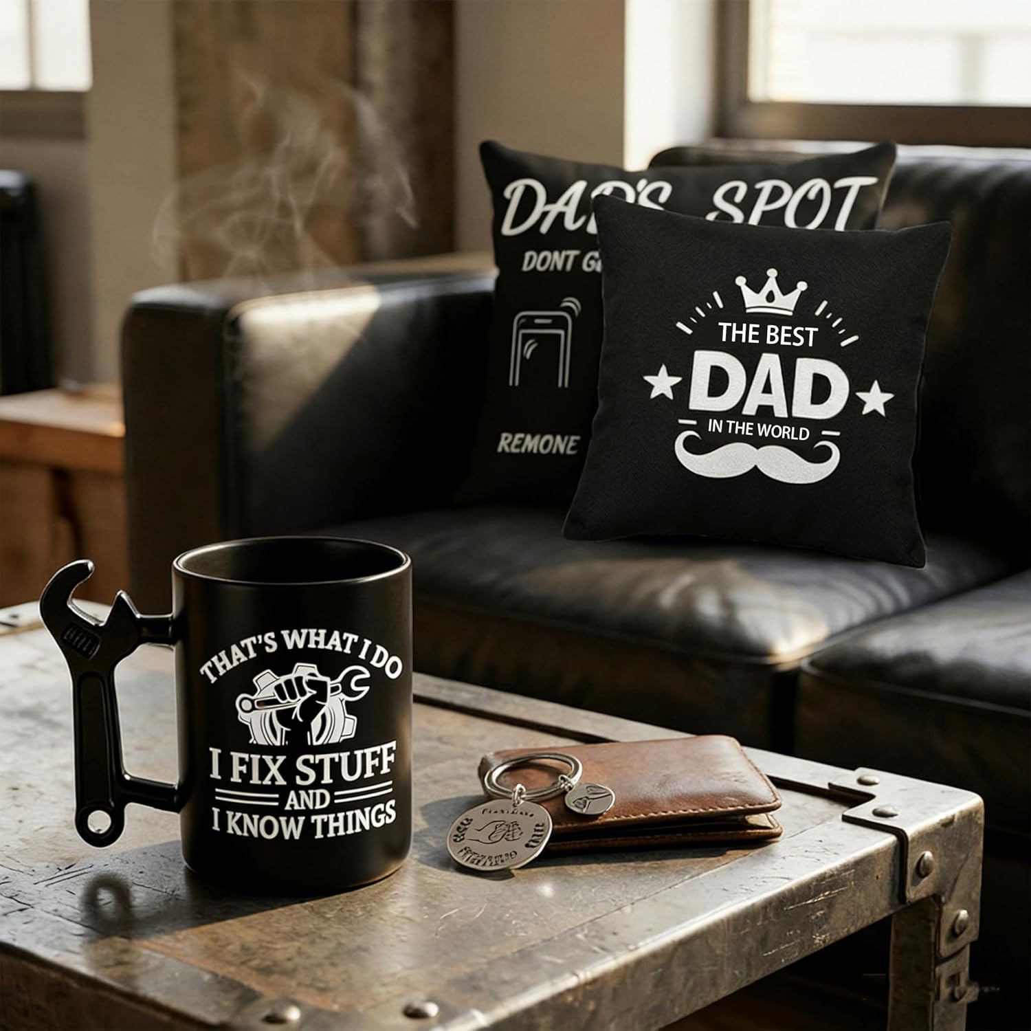 Dad Gifts Set, Cushion Cover, Mug and Keychain Set Gift, Double-Sided 45x45cm Throw Pillow Cover with Pockets, Christmas Birthday Gifts for Dad from Son Fathers Day - Image 5