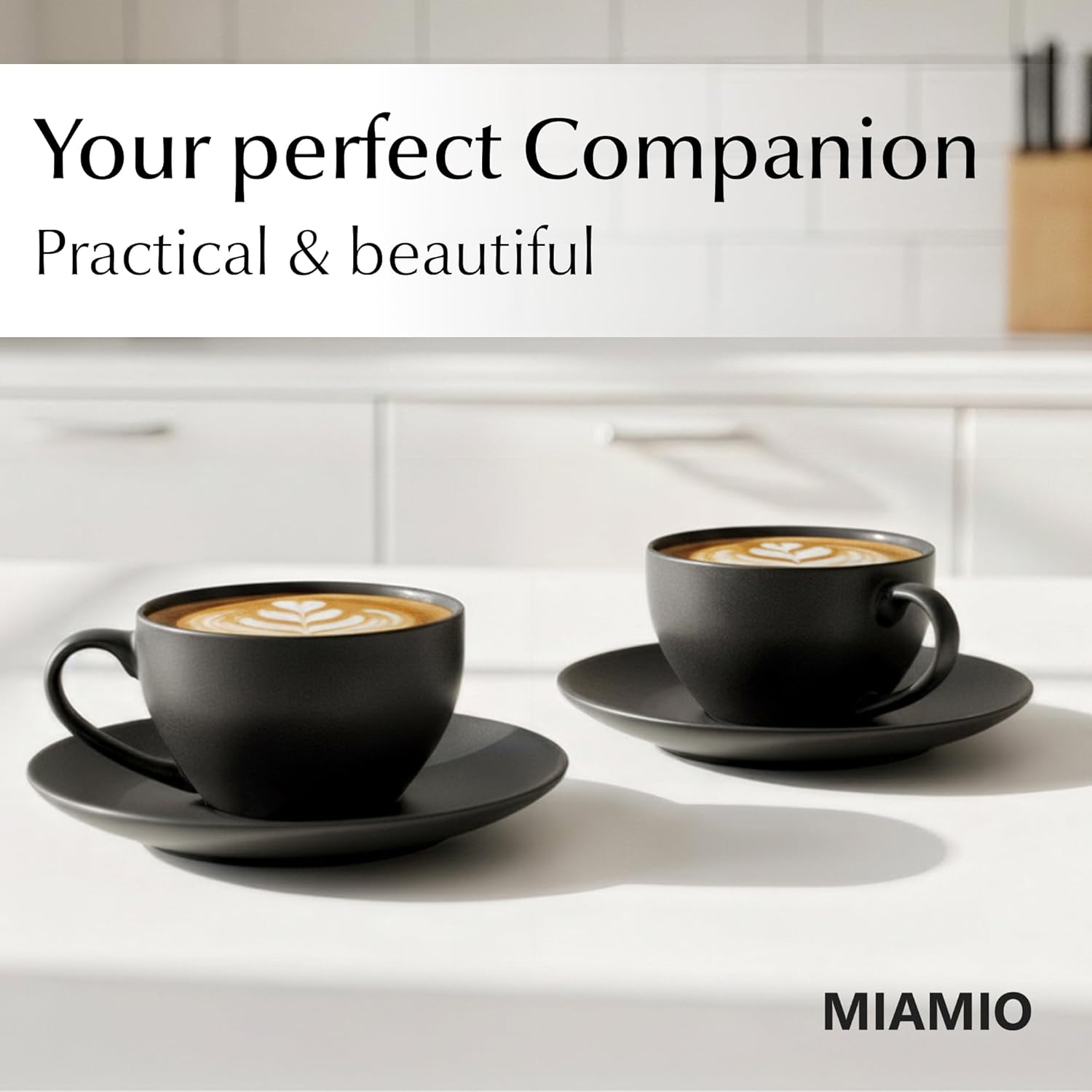 MIAMIO - Set of 6, Ceramic Stackable Cappuccino Cups Set / 175 ml Cappuccino Mugs and Saucer with Metal Stand for Coffee Drinks, Cappuccino, Latte, Americano and Tea - Le Papillon Collection (Black) - Image 8
