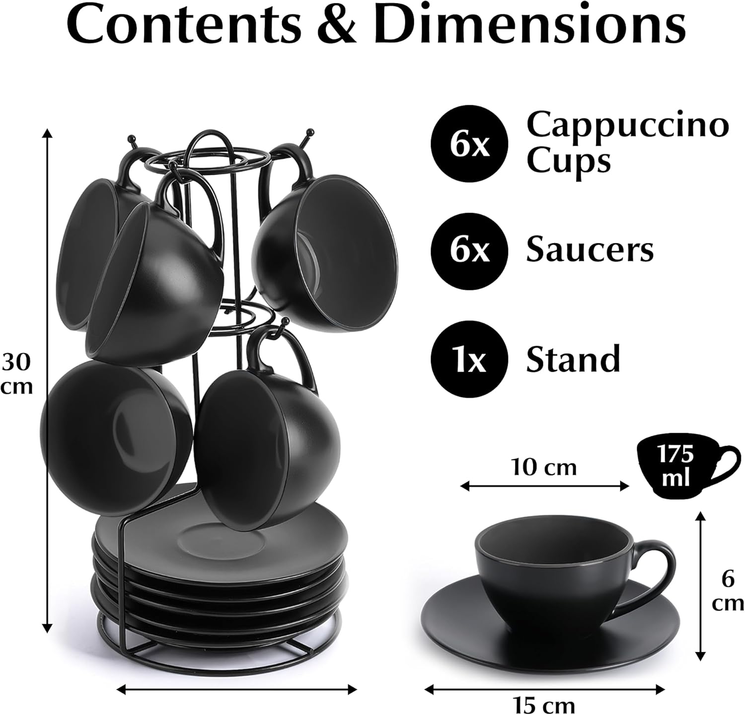 MIAMIO - Set of 6, Ceramic Stackable Cappuccino Cups Set / 175 ml Cappuccino Mugs and Saucer with Metal Stand for Coffee Drinks, Cappuccino, Latte, Americano and Tea - Le Papillon Collection (Black) - Image 4