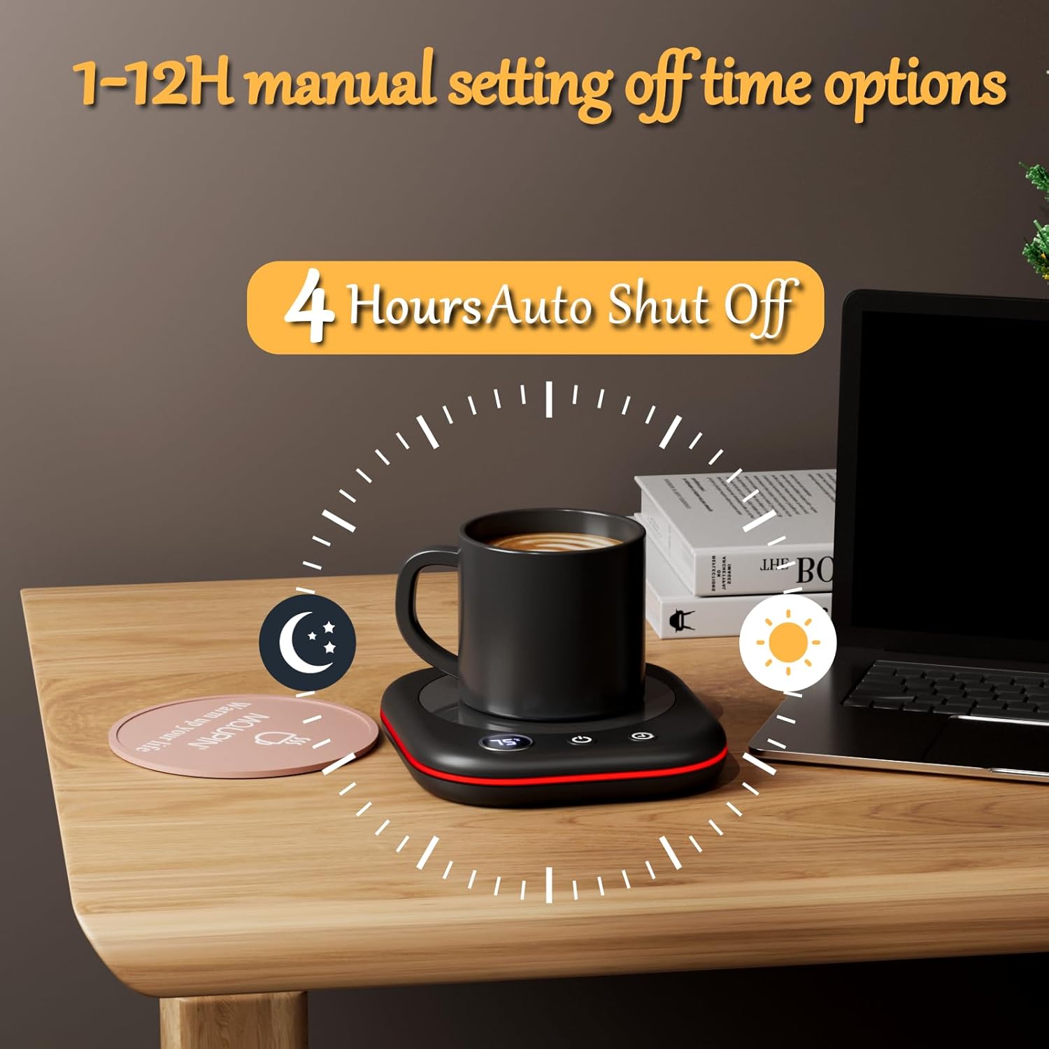 Coffee Mug Warmer,Coffee Cup Warmer for Desk with lighting,Smart Cup Warmer with 3 Temperature Control(45-75℃),Candle Warmer,1-12H Auto Shut Off for Coffee, Tea, Milk(Black) - Image 8