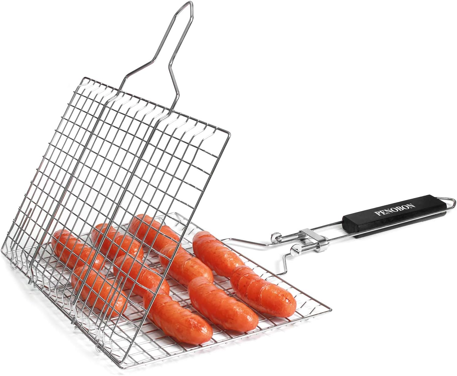 Fish Grilling Basket, Folding Portable Stainless Steel BBQ Grill Basket for Fish Vegetables Shrimp with Removable Handle, Come with Basting Brush and Storage Bag - Image 5