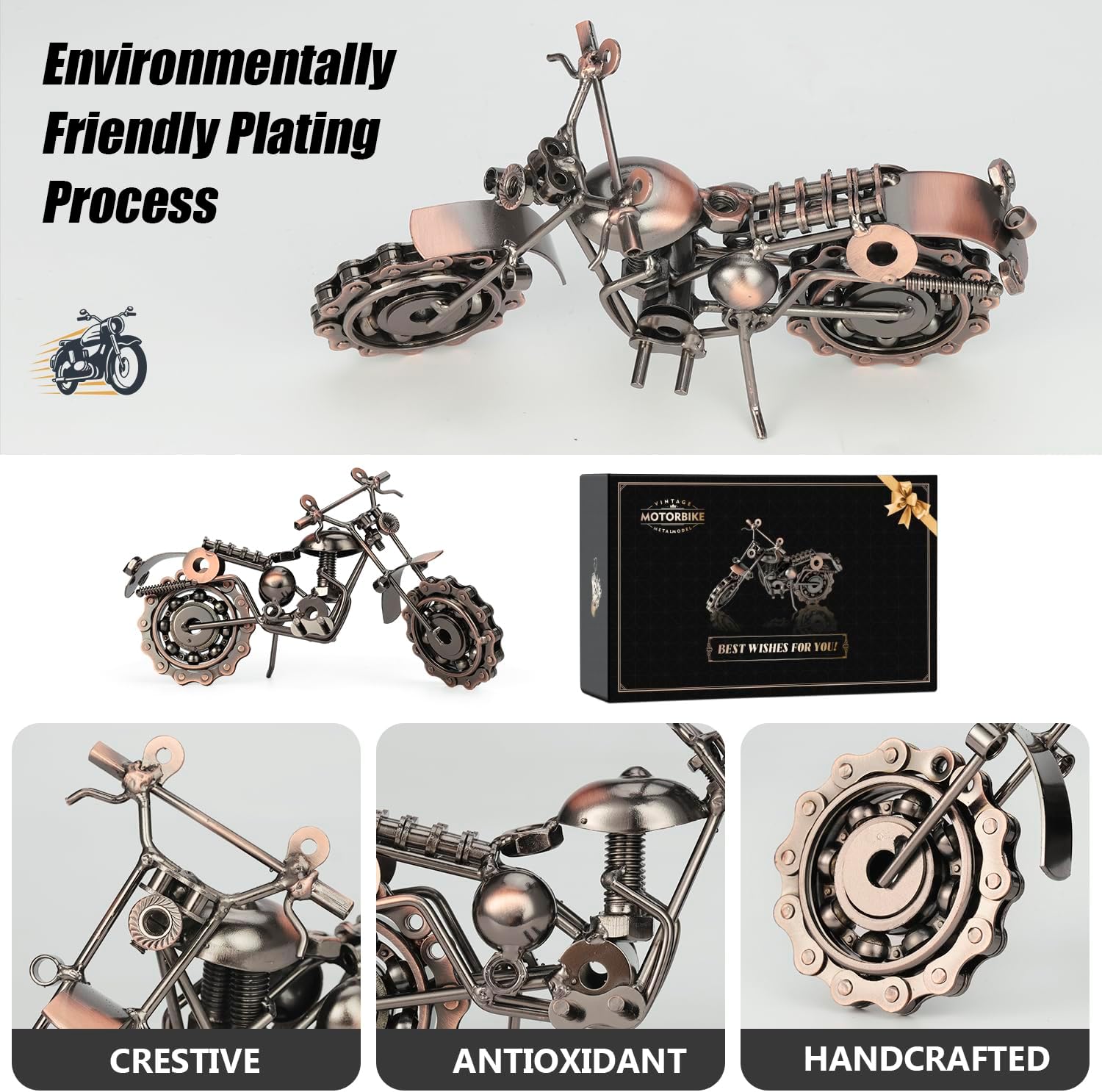 Signstek Vintage Handcrafted Iron Motorbike Model Bronze Metal Motorcycle Ornament Collectible Gift for Motorcycle Lovers for Him or Dad - Image 4