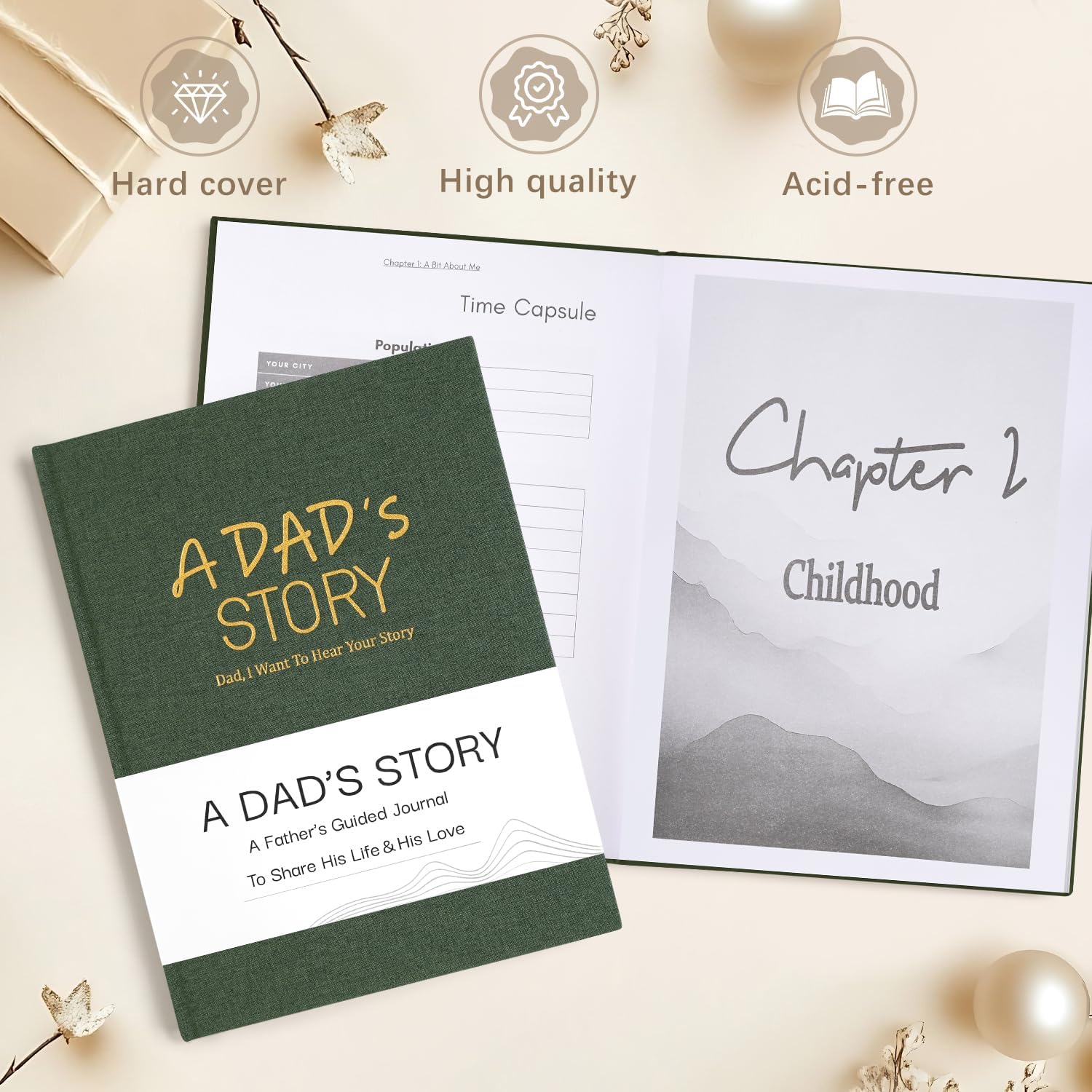 Dad's Life Story Journal Family Keepsake Book Linen Hardcover for Dad to Share His Memories, with 250+ Prompt Questions Book Gift for Birthday Father's Day Christmas (Dark Green) - Image 3