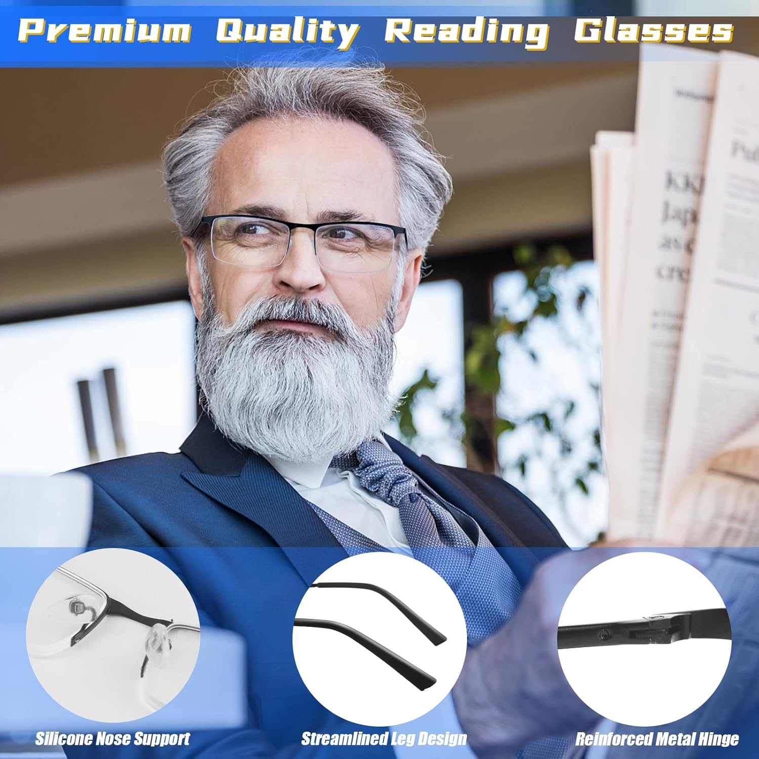 3 Pack Blue Light Blocking Reading Glasses for Men, Stylish Half Frame Metal Computer Readers, Lightweight Spring Hinge Eyeglasses Anti Eyestrain/Glare/UV (Mix Color, Black+Grey+Brown, 1.0) - Image 6