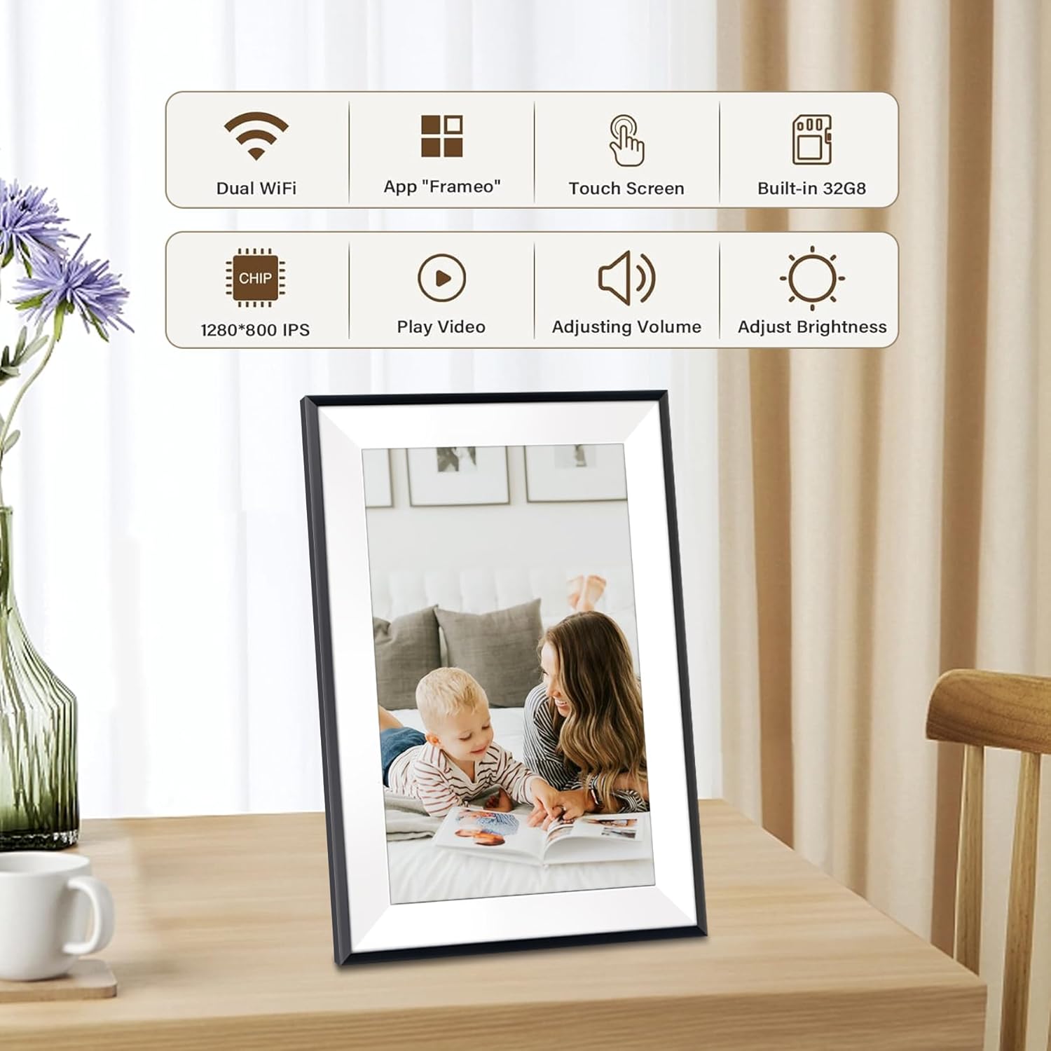 Frameo Digital Photo Frame WiFi, 10.1 Inch Digital Picture Frame 1280x800 IPS Touchscreen Auto-Rotat Electronic Photo Frame Share Photos Videos Anywhere, 32GB, Black & White - Image 5