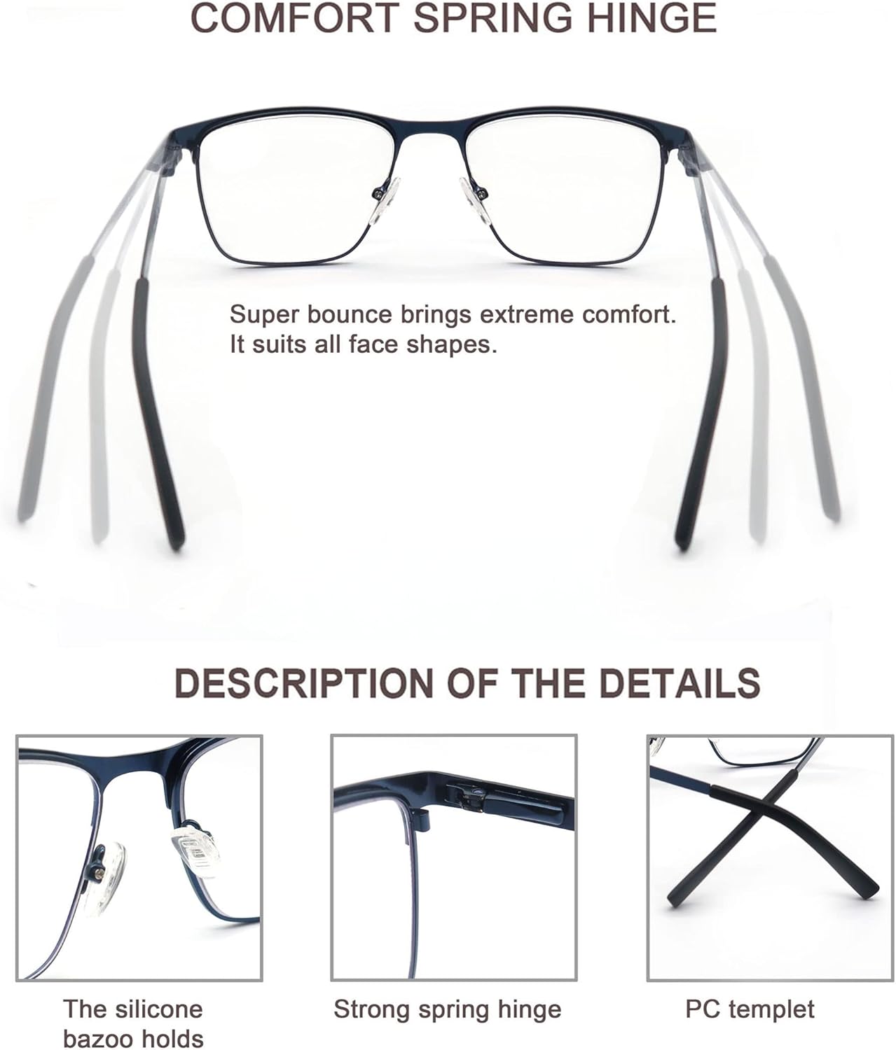 MODFANS 3-Pack Reading Glasses Men Blue Light Blocking Metal Frame Rectangle Style Stainless Steel Material Spring Hinges Includes Computer Readers - Image 5