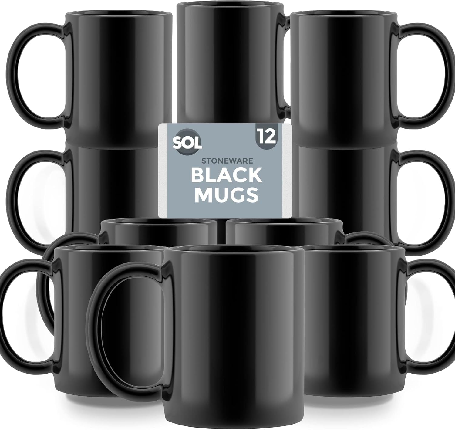 SOL 12pk Stoneware Black Mugs 11oz Ceramic Cups for Tea and Coffee Durable Drinkware Set for Home Office Café Restaurant Stackable Design Microwave and Dishwasher Safe Suitable for Hot Beverages