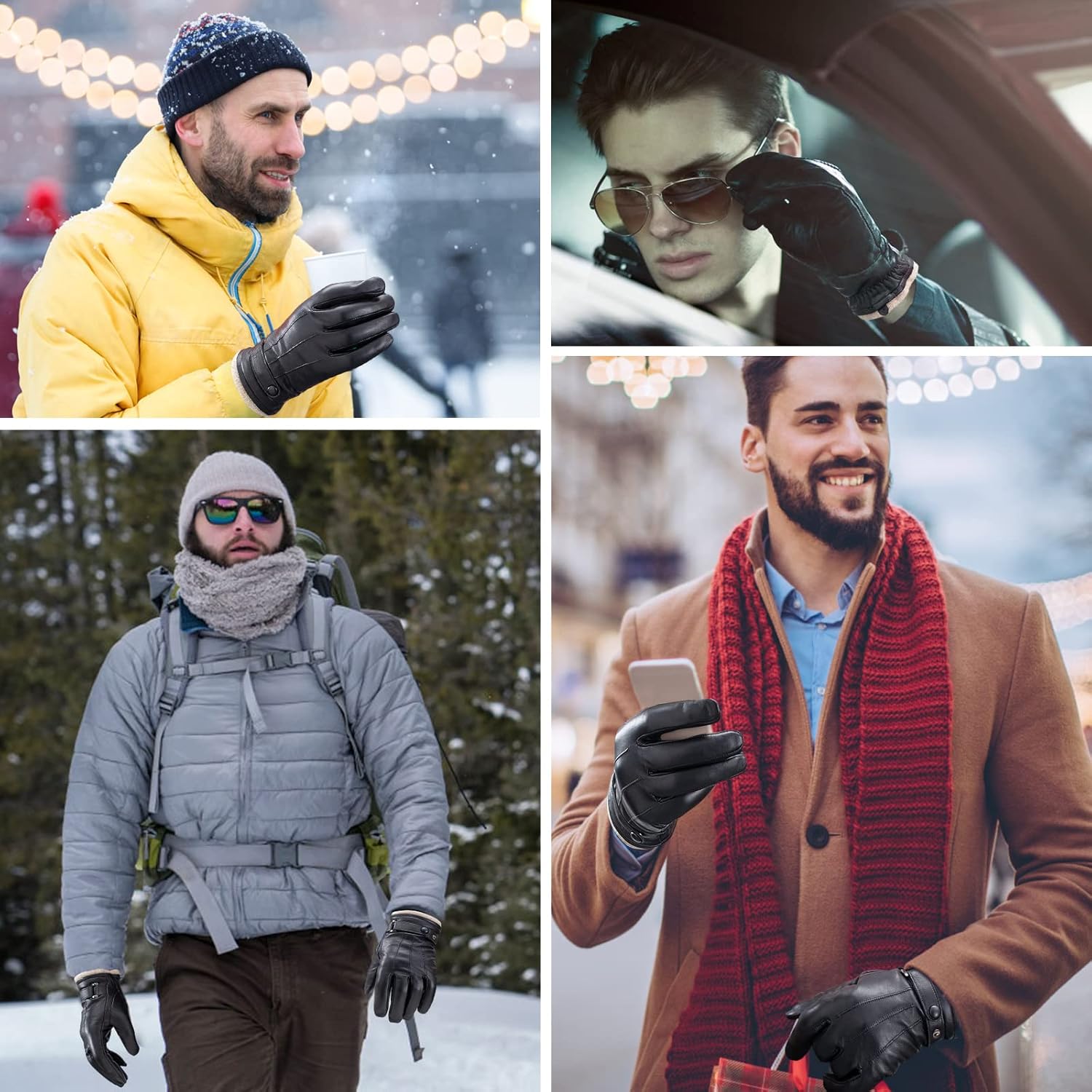 Winter Sheepskin Leather Gloves For Men, Thermal Cashmere Lining Touchscreen Texting Typing Dress Driving Motorcycle Gloves - Image 4