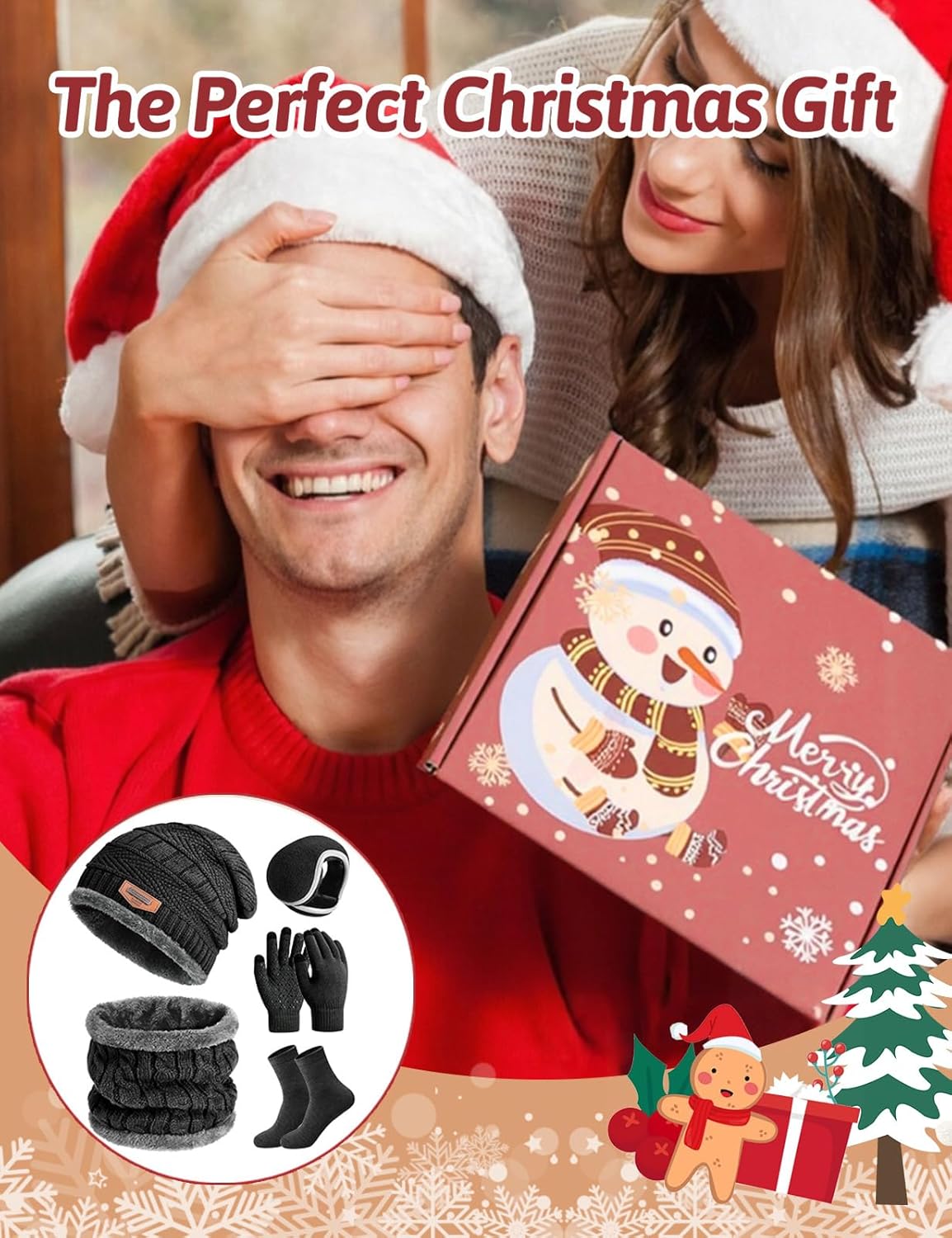 heekpek Mens Hat Scarf Glovers Set Unisex 5PCS Winter Set in Gift Box Fleece Lining Knitted Beanie Hat Earmuffs Neck Warmer Knit Gloves Thermal Socks Gift Set for Skiing Hiking Driving - Image 5