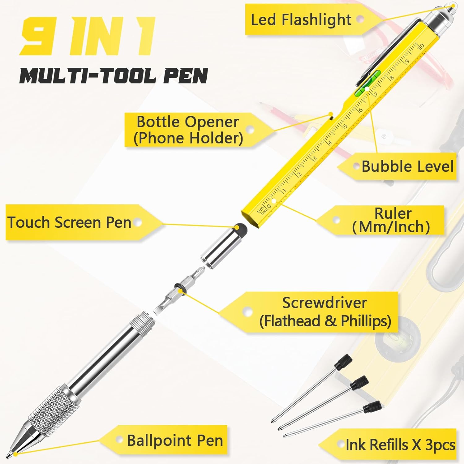 Gifts for Men, Valentines Gifts for Him, 9 in 1 Multi Tool Pen, Birthday Gift Gadgets for Men/Dad, Father's Day Gift - Image 3