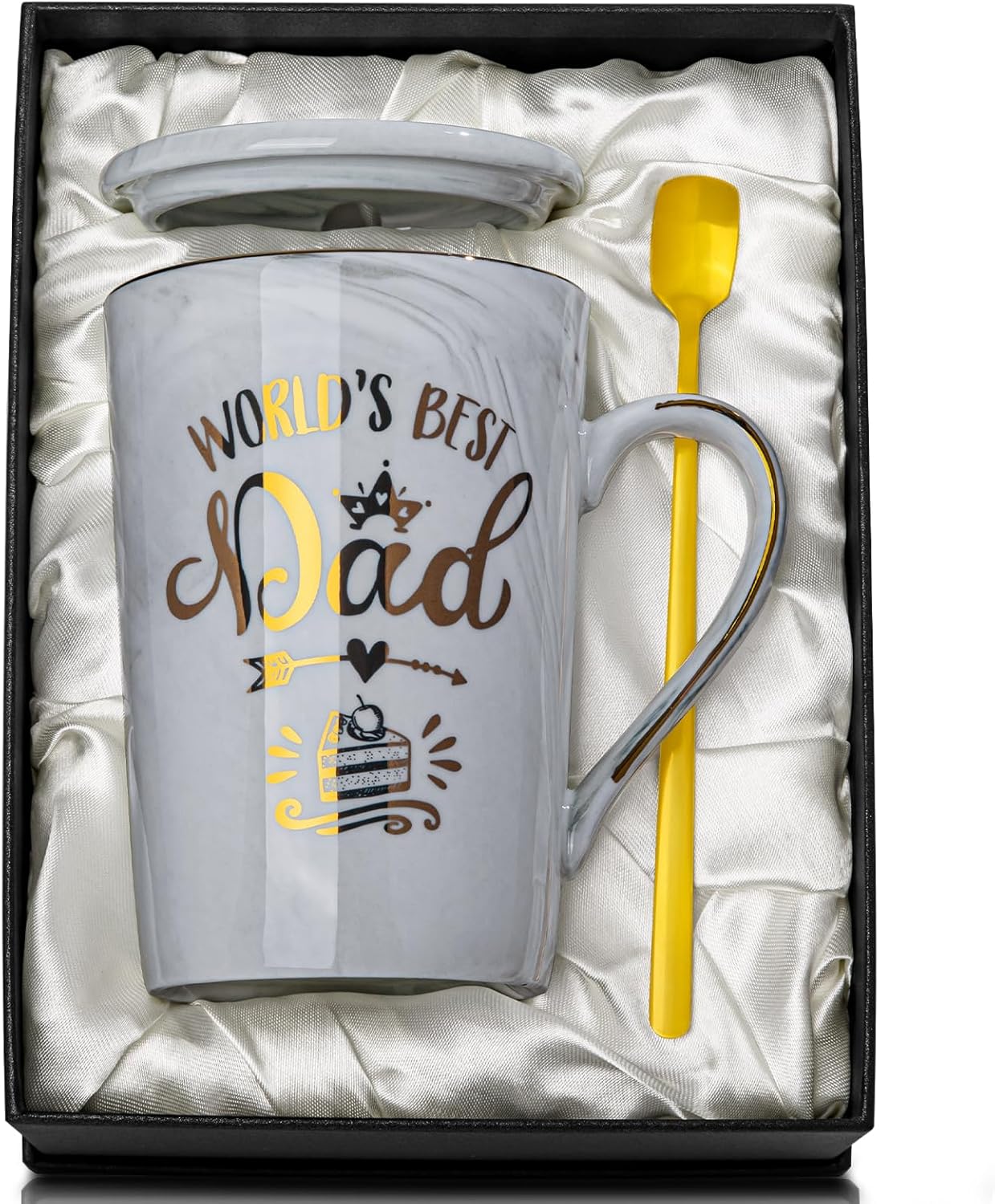 Birthday Gifts for Dad from Daughter Son - World's Best Dad - Daddy Mug with Gold Print, Funny Fathers Day Presents, 14Oz Grey Ceramic Gold Print Coffee Cup, Lid Spoon Greeting Card, Nice Gift Boxed