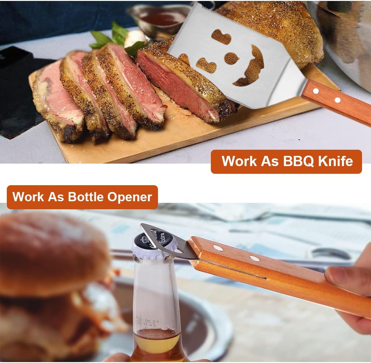 7 in 1 Multifunction BBQ Tool, BBQ Spatula for Outdoor Grill, Extra Long Grill Accessories Stainless Steel, Wooden Handle Barbecue Utensils, Holiday, Gifts for Men - Image 4