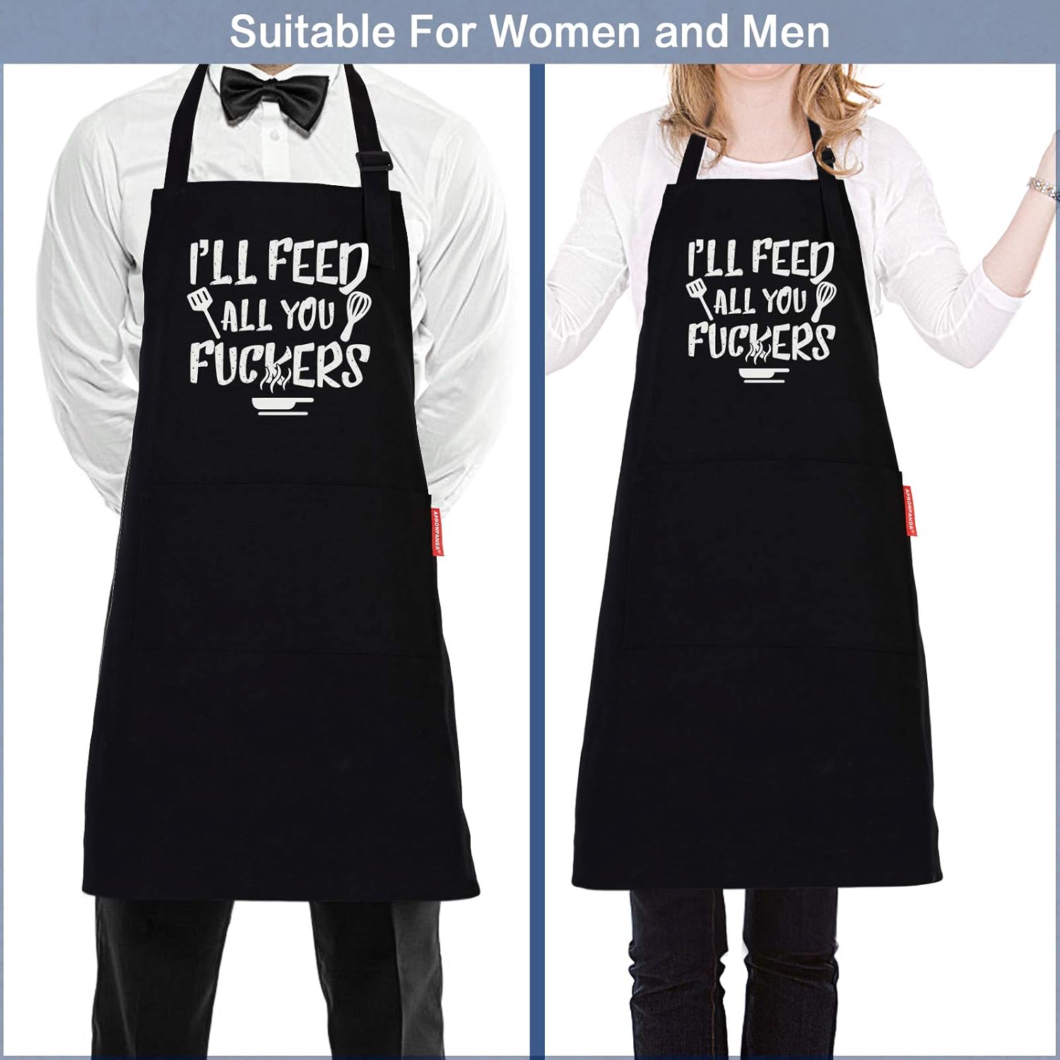 I'll Feed All You - Funny Black BBQ Chef Aprons for Men Women with 2 Pockets - Gifts for Men, Birthday Gifts for Husband, Son, Boyfriend- Kitchen Cooking Grilling Apron - Image 4
