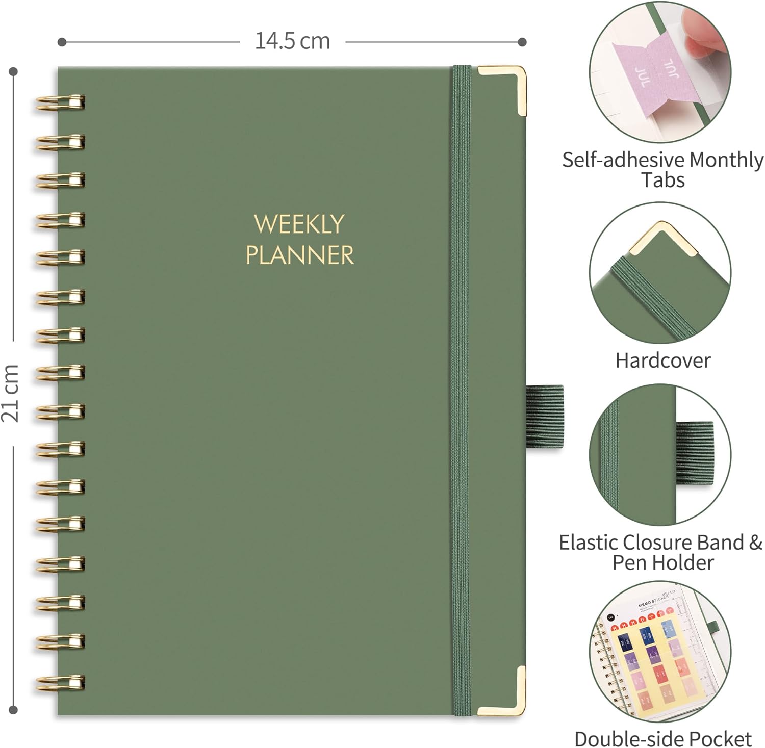 RETTACY Undated Planner - Diary Planner Notebook, Weekly and Monthly Journals for Women,53 Weeks & Daily Planning with 24 Self-Adhesive Tabs, Hardcover,100GSM Paper, 14.5x21cm - Light Green - Image 4