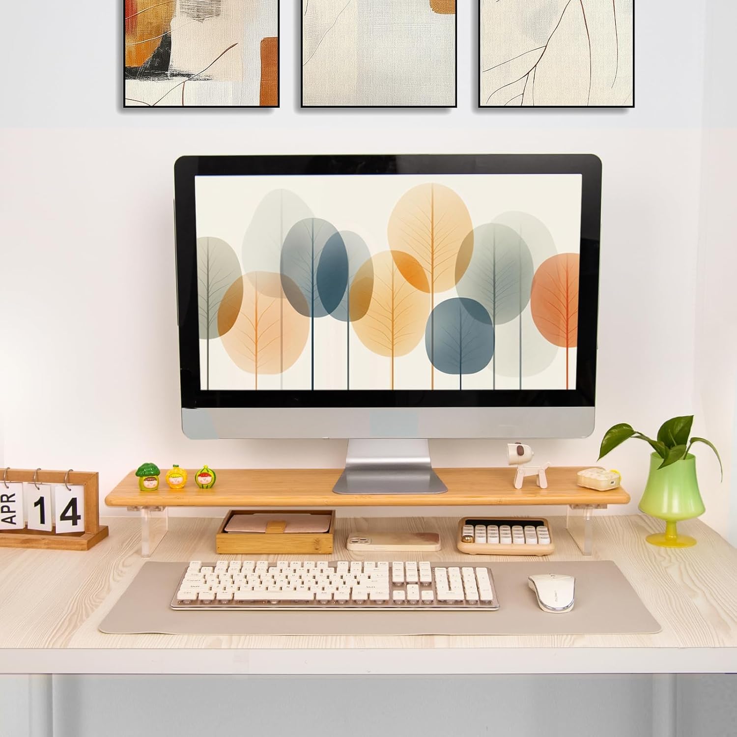 Bamboo Monitor Stand Riser with Acrylic Legs for Desk, 31.5 Inches Desktop Shelf Supports for PC Computer Monitor, Laptops, Printer, Speakers (Natural) - Image 9