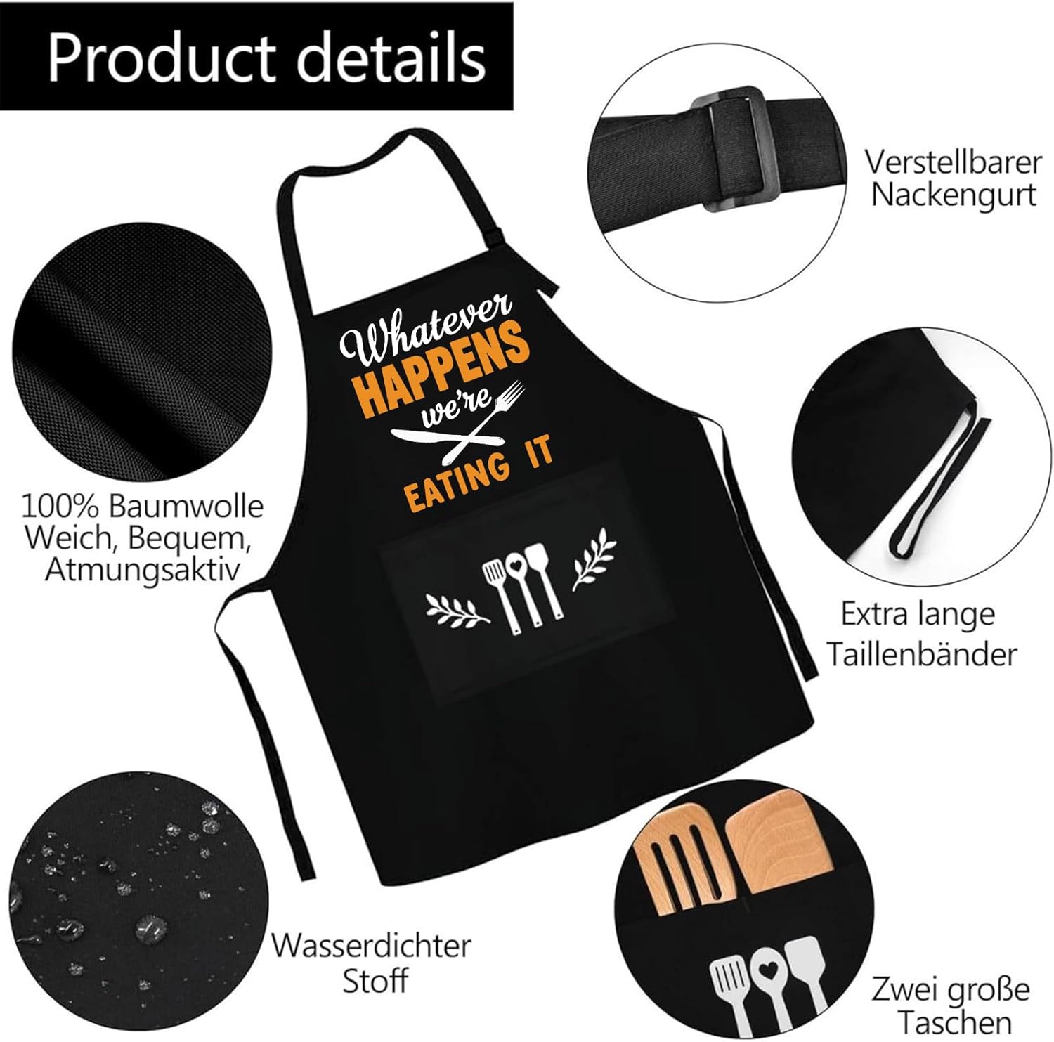 Funny Cooking Grilling BBQ Aprons for Men, Adjustable Chef Kitchen Apron with 2 Pockets, Birthday, Christmas Father Day Gifts for Husband, Dad, Chef, Boyfriend(Whatever Happens We're Eating It) - Image 3