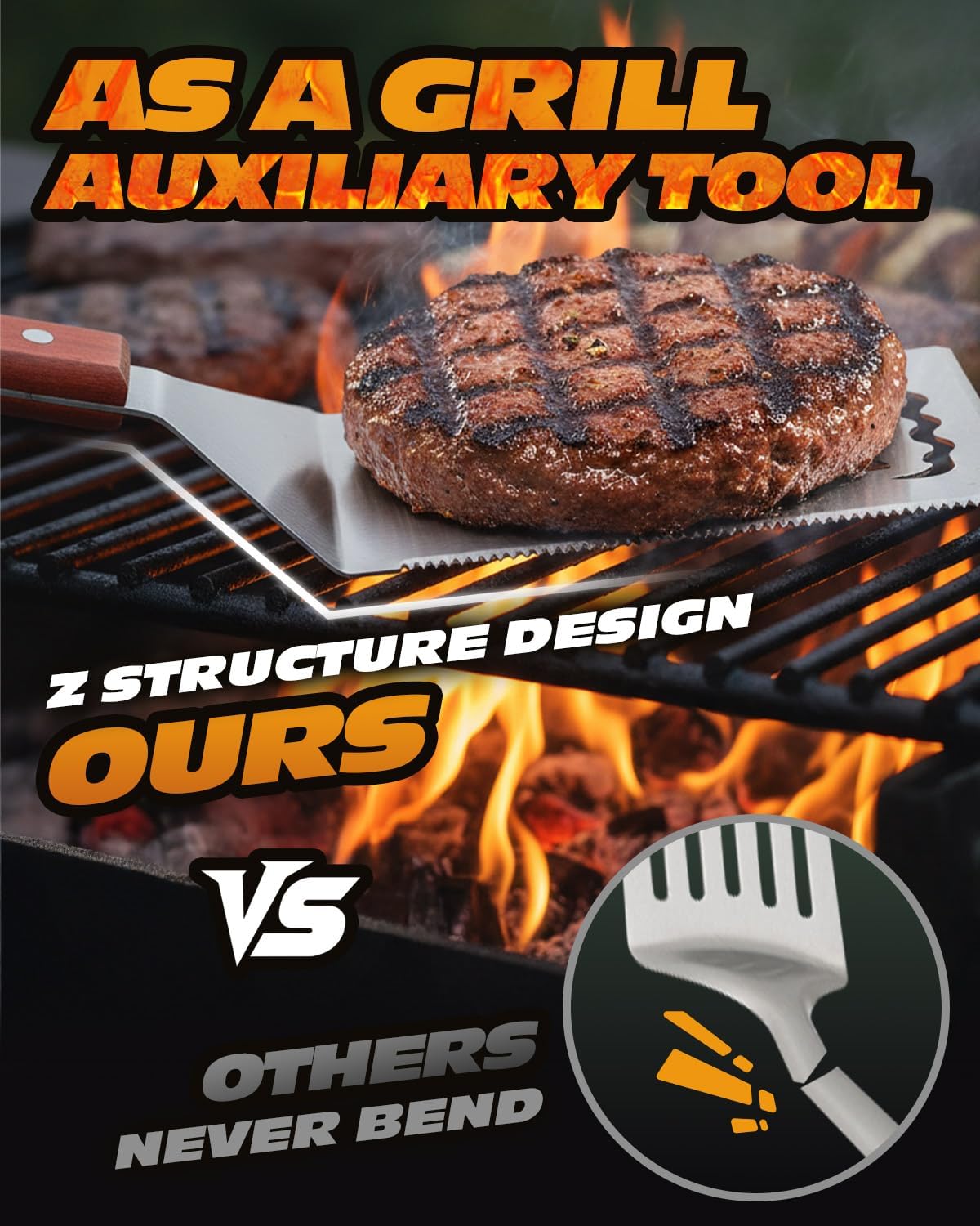 BBQ Tool 8 in 1, Multifunction BBQ Spatula, Stainless Steel, Wooden Handle, Easy to Clean, Barbecue Accessories, Gifts for Men, Dad Gifts - Image 3