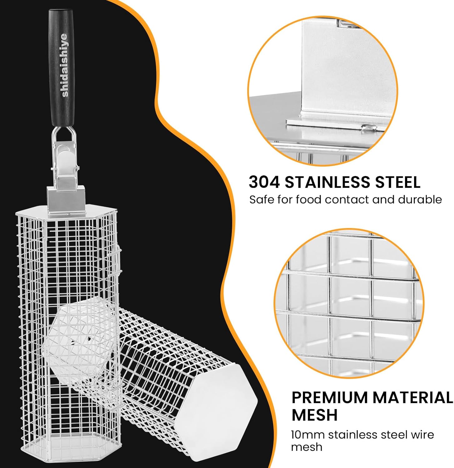 BBQ Basket for Grilling,Grill Basket with Removable Wooden Handle,Stainless Steel Nesting Grilling Net,BBQ Accessories Tools for Vegetables Shrimp,Outdoor Camping,BBQ Gifts for Men Dad Husband (2 PCS) - Image 4