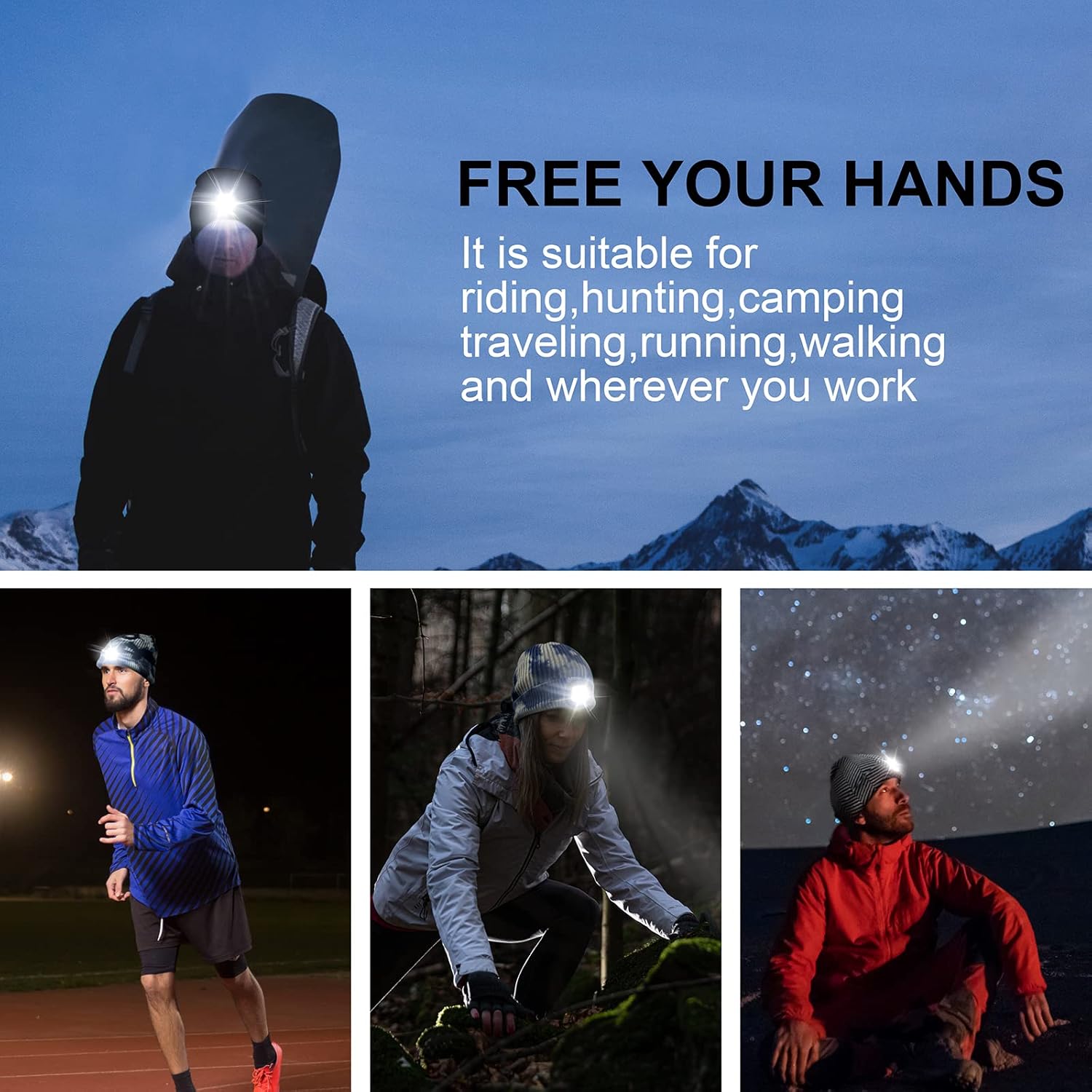 Unisex 4 LED Lighted Beanie Cap, USB Rechargeable Running Hat Super Bright Hands Free Headlight Torch, LED Hat for Running Hiking, Gifts for Dad Men Women - Image 5