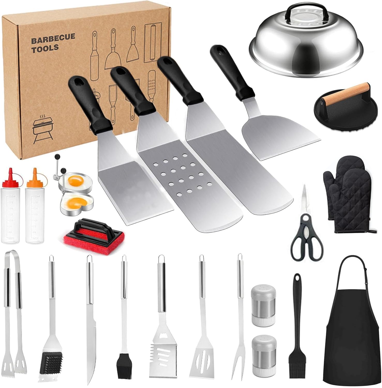 26PCS Griddle Accessories Kit, Stainless Steel Griddle Accessories for Blackstone & Flat Top Grill, Includes Spatula, Tongs, Burger Press, Basting Cover – Outdoor Cooking Gift for Men Dad