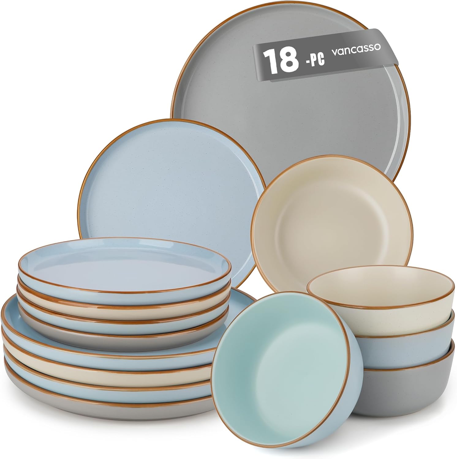 vancasso Reno Stoneware Dinner Set for 6, 18 Pieces Plates and Bowls Set with Dinner Plates, Dessert Plates & Cereal Bowls, Speckled Crockery Set in Mixed Colors, Chip & Scratch Resistant