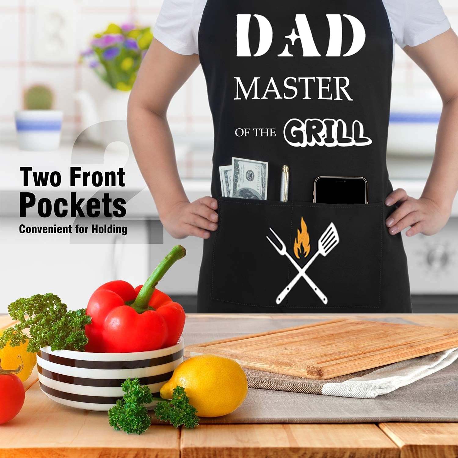 BBQ Apron for Men, Dad's Apron, Black Waterproof Apron, Adjustable Chef Apron with 2 Pockets, Personalised Apron for Grilling Cooking Kitchen, Gifts for Men Dad Husband Boyfriend - Image 5