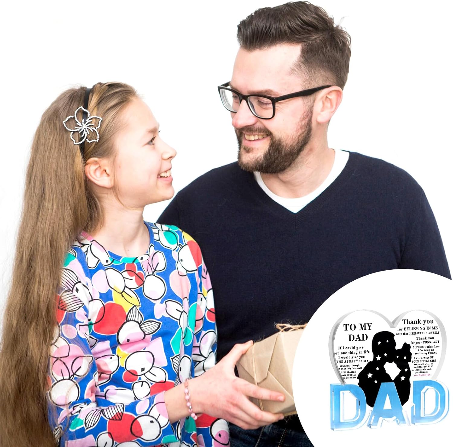 Dad Gifts - Acrylic Heart With Base Ornaments, Dad Birthday Gifts, Fathers Day Desktop Decoration with Warm Words from Daughter, Gift for Christmas, Father-Daughter Style - Image 4