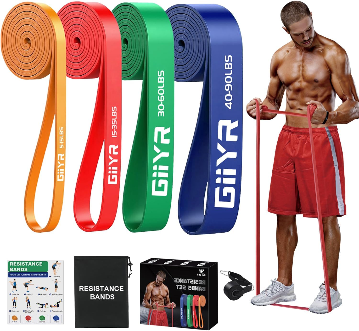 Resistance Bands Set for Men & Women - 4 Levels Exercise Band with Door Anchor, Pull Up Bands for Strength Training, Stretching, Powerlifting, Home Workouts, and CrossFit