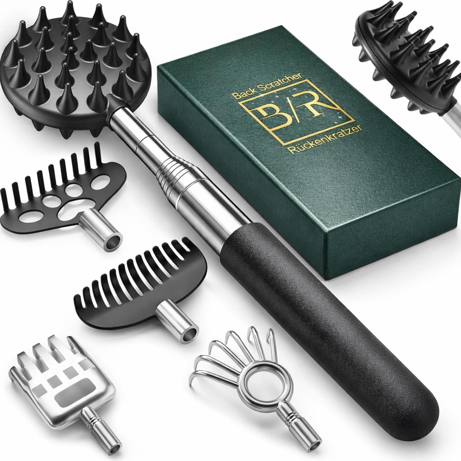 Telescoping Back Scratcher with 5Pcs Detachable Scratching Heads, Birthday Valentines Gifts for Him Men Dad Back Scratcher for Men/Women