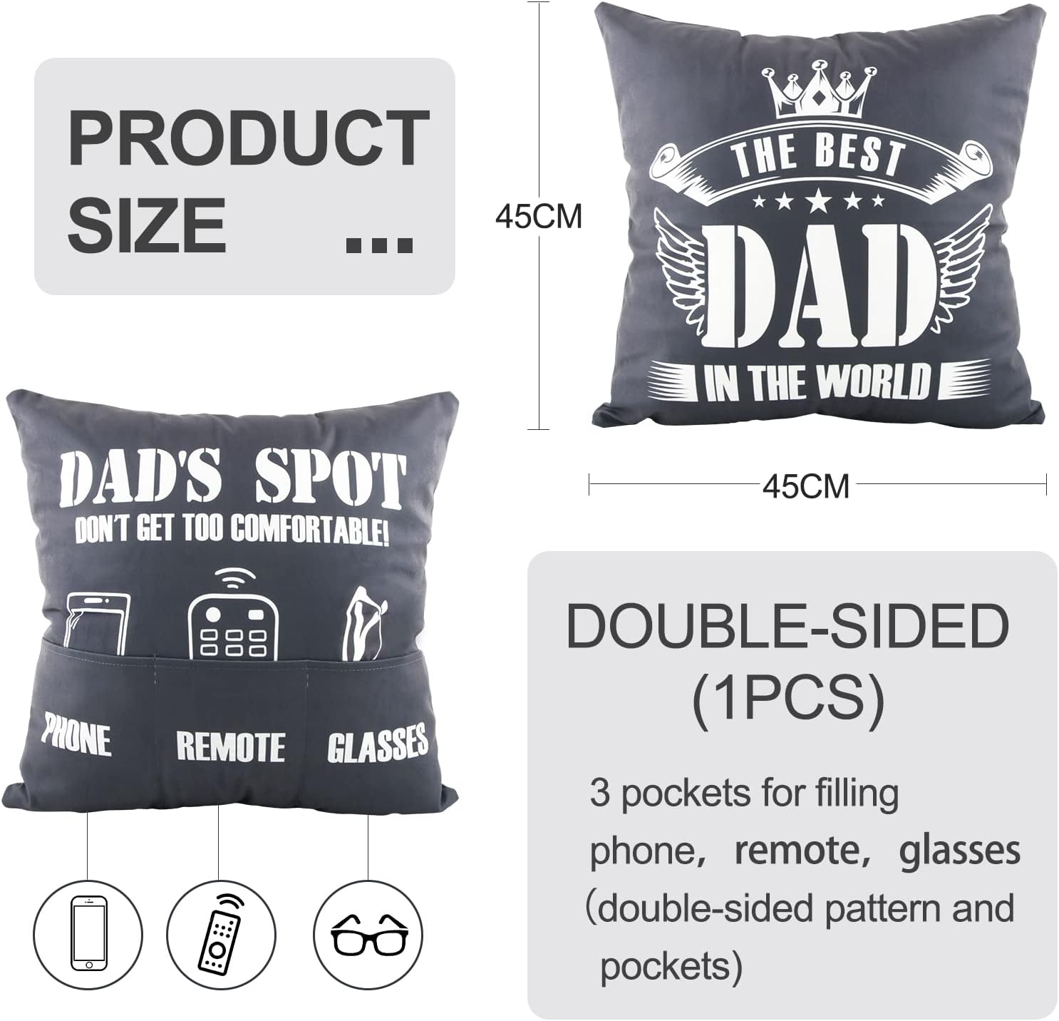 COLOFALLA Gifts for Dad Birthday Gifts Cushion Cover Double-Sided 45x45cm Throw Pillow Cover with Pockets Dad Gift from Daughter Son - Image 2