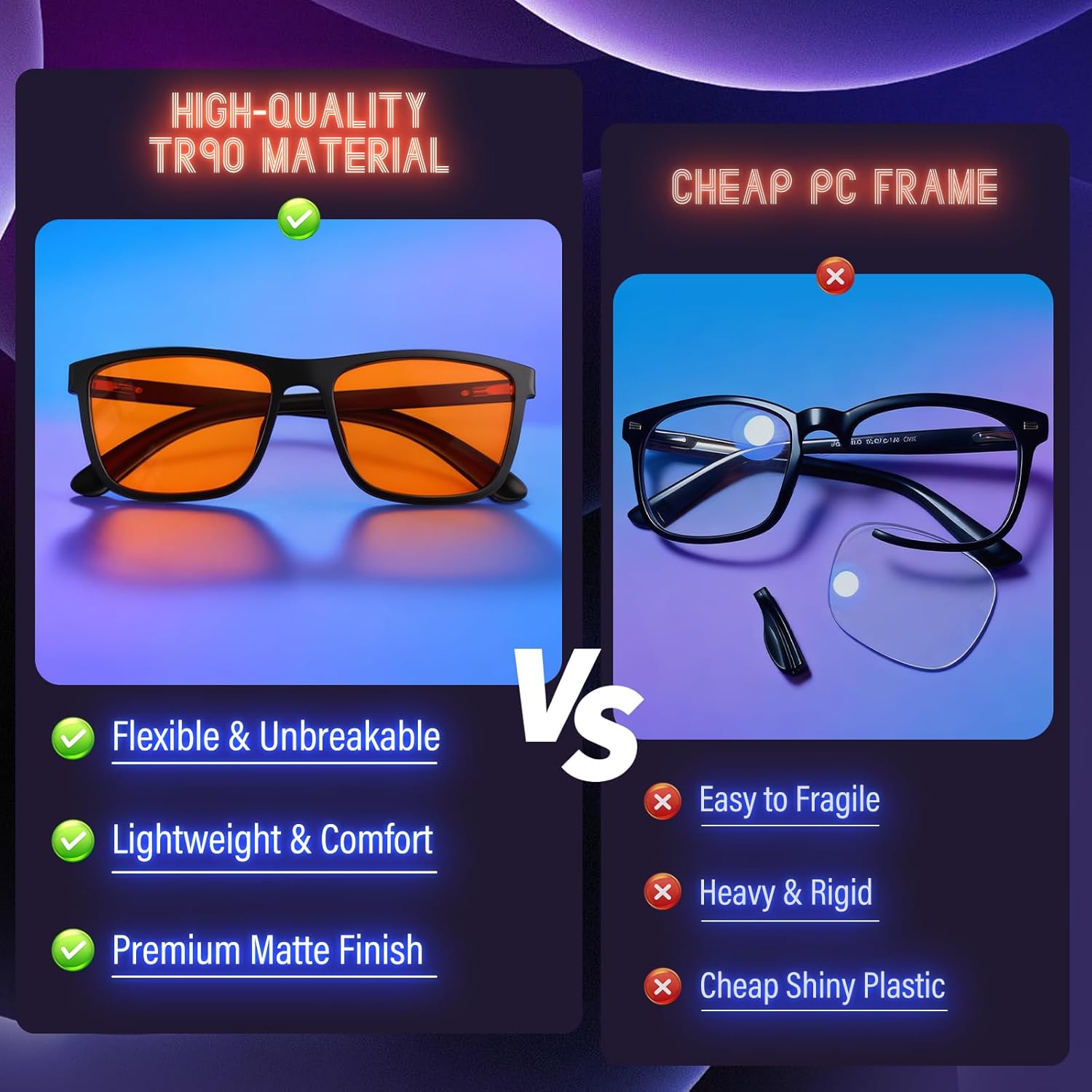 Bloomoak-99% Blue Light Blocking Glasses-Gaming Glasses-Anti Glare - Anti Fatigue-TR90 Material-Suitable for Screens, Games, TVs, Mobile Phones (Amber - 99% - Black Frame) - Image 3