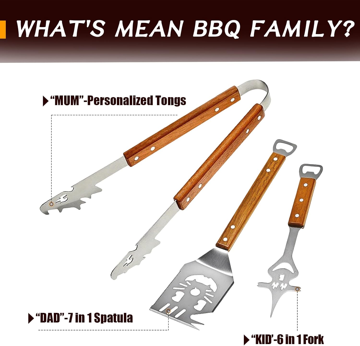 BBQ Tools Set with Grill Spatula,14-in-1 Grill Utensils with Spatula,Fork & Tongs,Heavy Duty Stainless Steel Barbecue Accessories, for Men & Grill Masters Camping (BBQ Tools Set) - Image 3