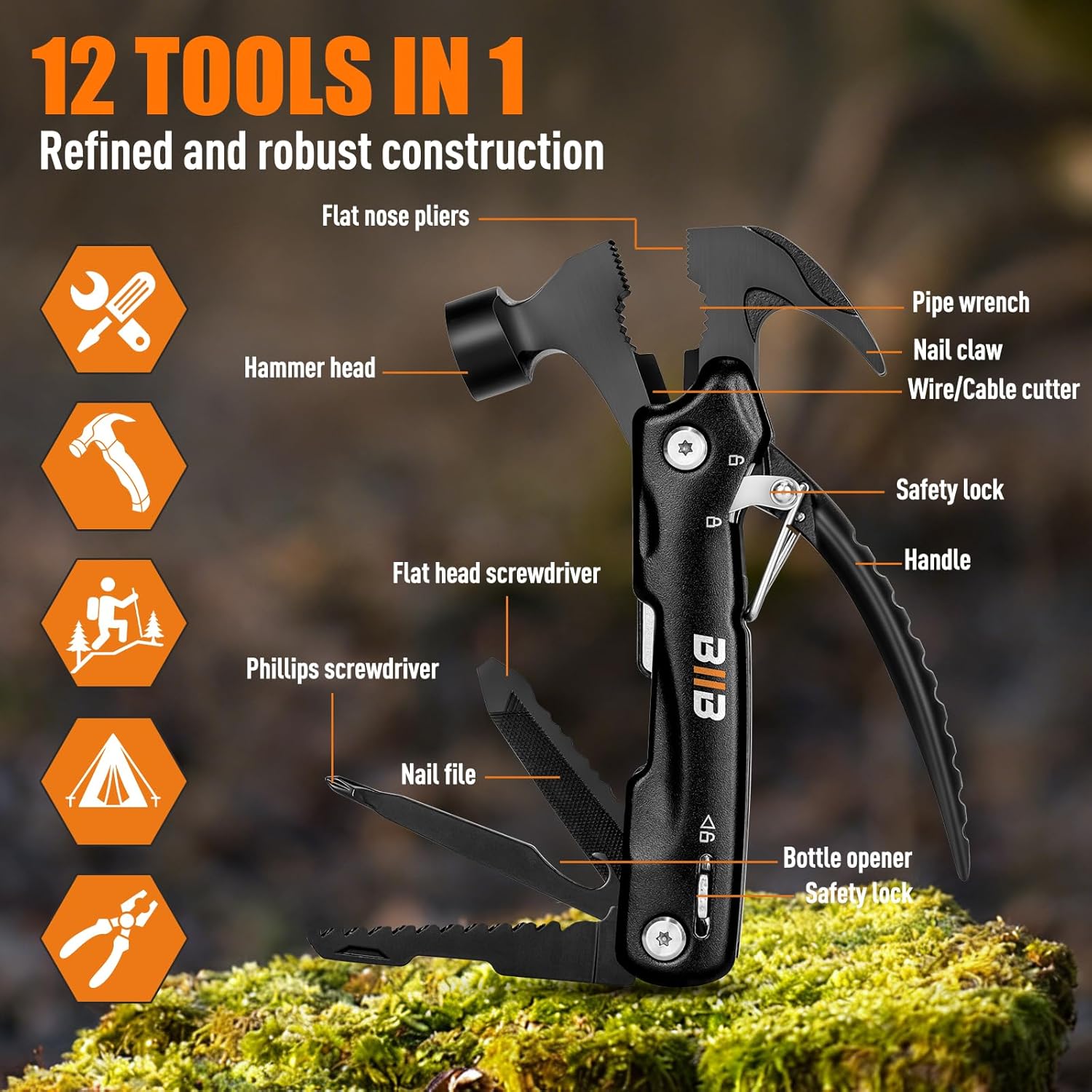 BIIB Gifts for Men, Valentines Gifts for Him, Multi Tool Mens Gifts for Dad, Birthday Gifts Camping Accessories for Dad Gifts, Hand Tools 12 in 1 Camping Essentials, Valentines Gifts Gadgets Multitool - Image 3