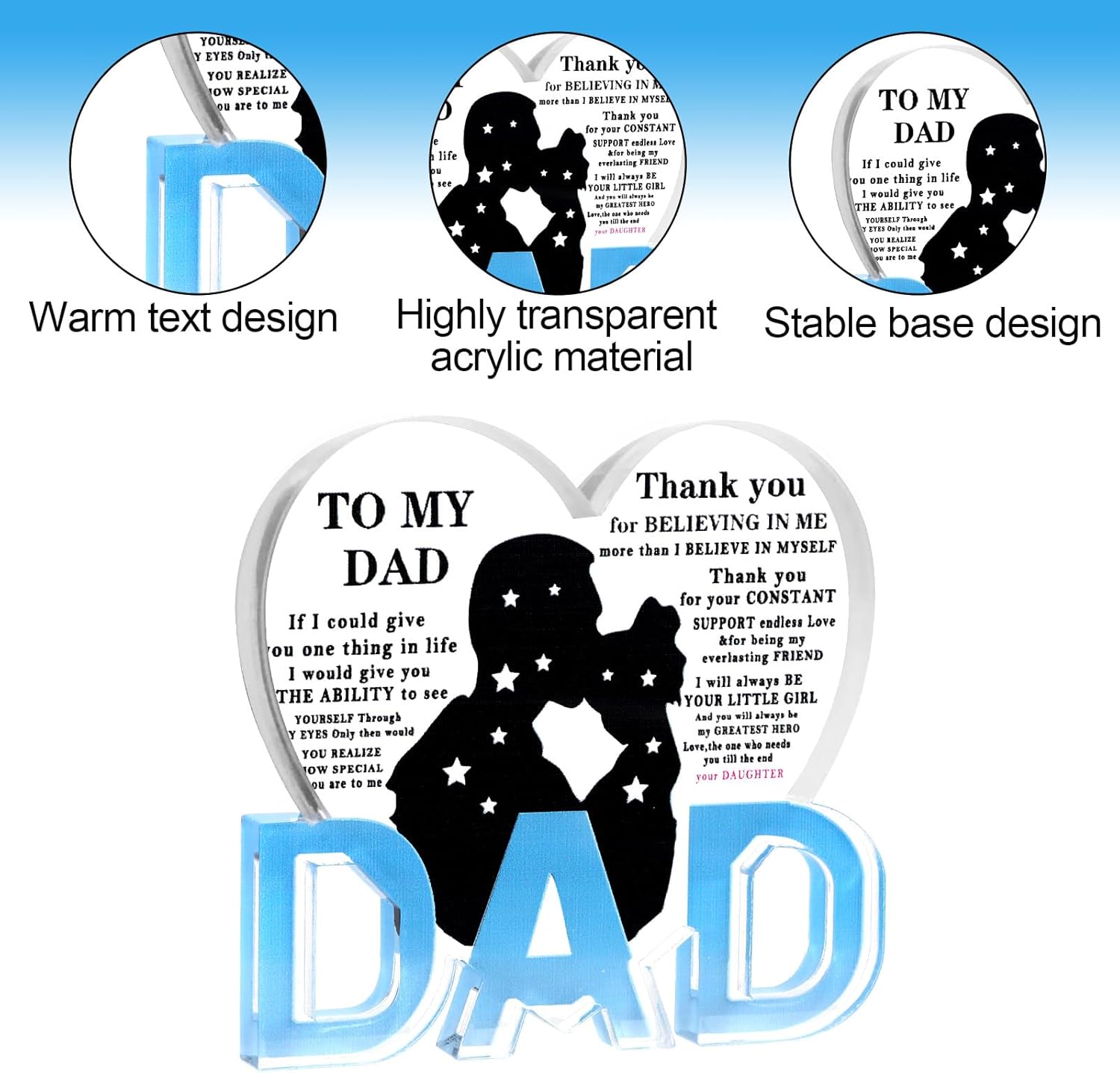 Dad Gifts - Acrylic Heart With Base Ornaments, Dad Birthday Gifts, Fathers Day Desktop Decoration with Warm Words from Daughter, Gift for Christmas, Father-Daughter Style - Image 3