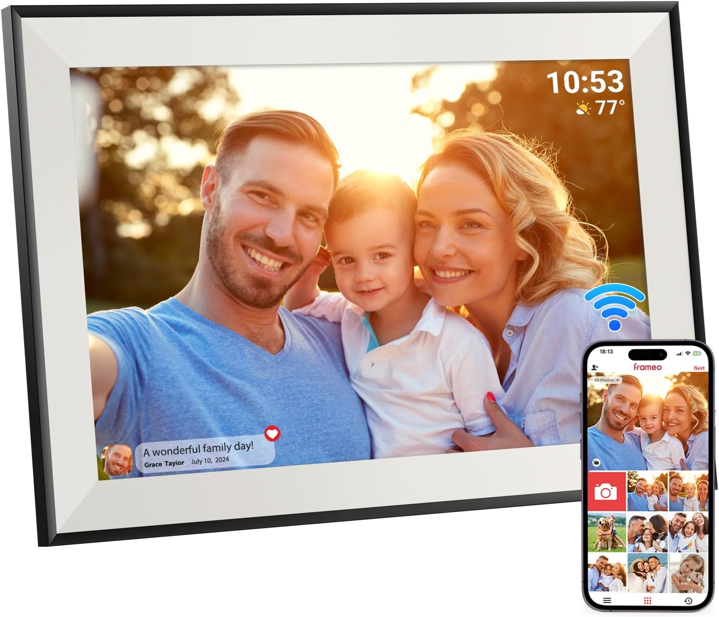 Frameo Digital Photo Frame WiFi, 10.1 Inch Digital Picture Frame 1280x800 IPS Touchscreen Auto-Rotat Electronic Photo Frame Share Photos Videos Anywhere, 32GB, Black & White