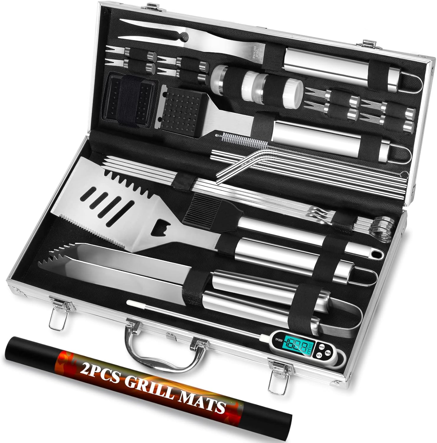 ROMANTICIST 29pcs BBQ Grill Tool Set for Men Dad, Heavy Duty Stainless Steel Grill Utensils Set, Non-Slip Grilling Accessories Kit with Thermometer, Mats in Aluminum Case for Travel, Outdoor Silver