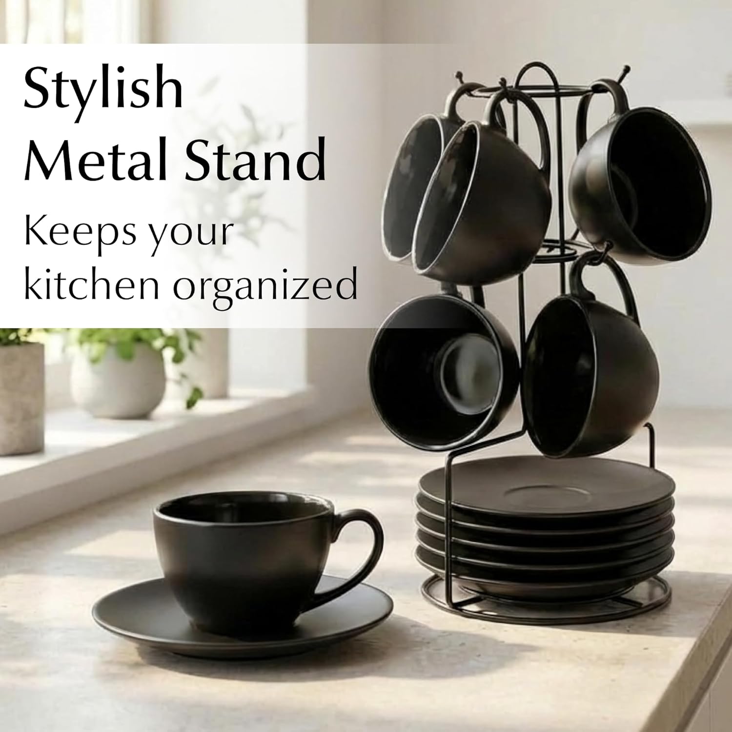 MIAMIO - Set of 6, Ceramic Stackable Cappuccino Cups Set / 175 ml Cappuccino Mugs and Saucer with Metal Stand for Coffee Drinks, Cappuccino, Latte, Americano and Tea - Le Papillon Collection (Black) - Image 6