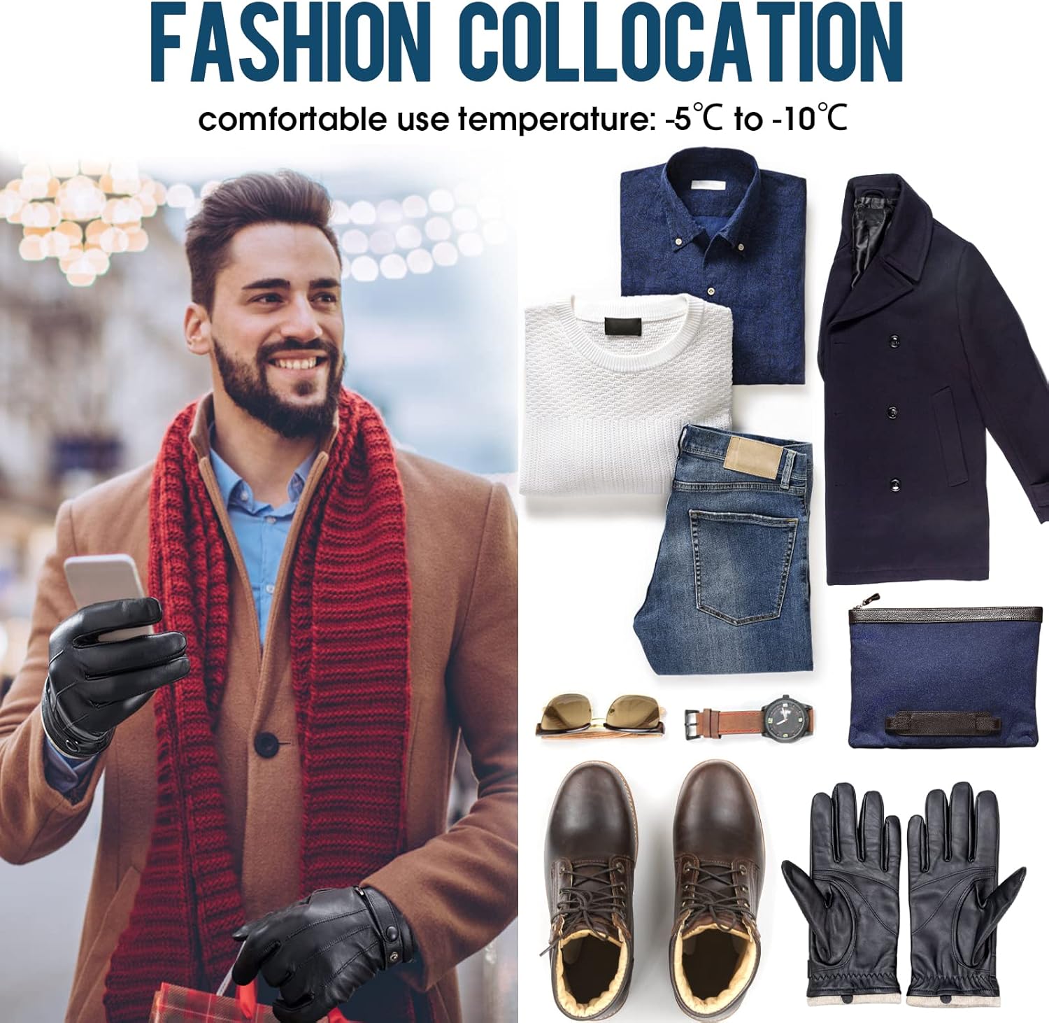 Winter Sheepskin Leather Gloves For Men, Thermal Cashmere Lining Touchscreen Texting Typing Dress Driving Motorcycle Gloves - Image 7